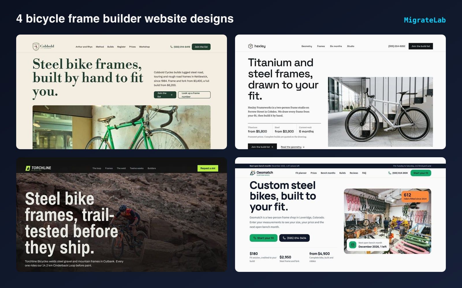 Four bicycle frame builder website designs by MigrateLab shown side by side