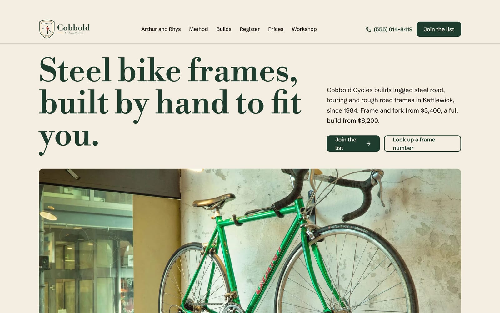 Bicycle frame builder website design: Cobbold Cycles home page, heritage and trust style