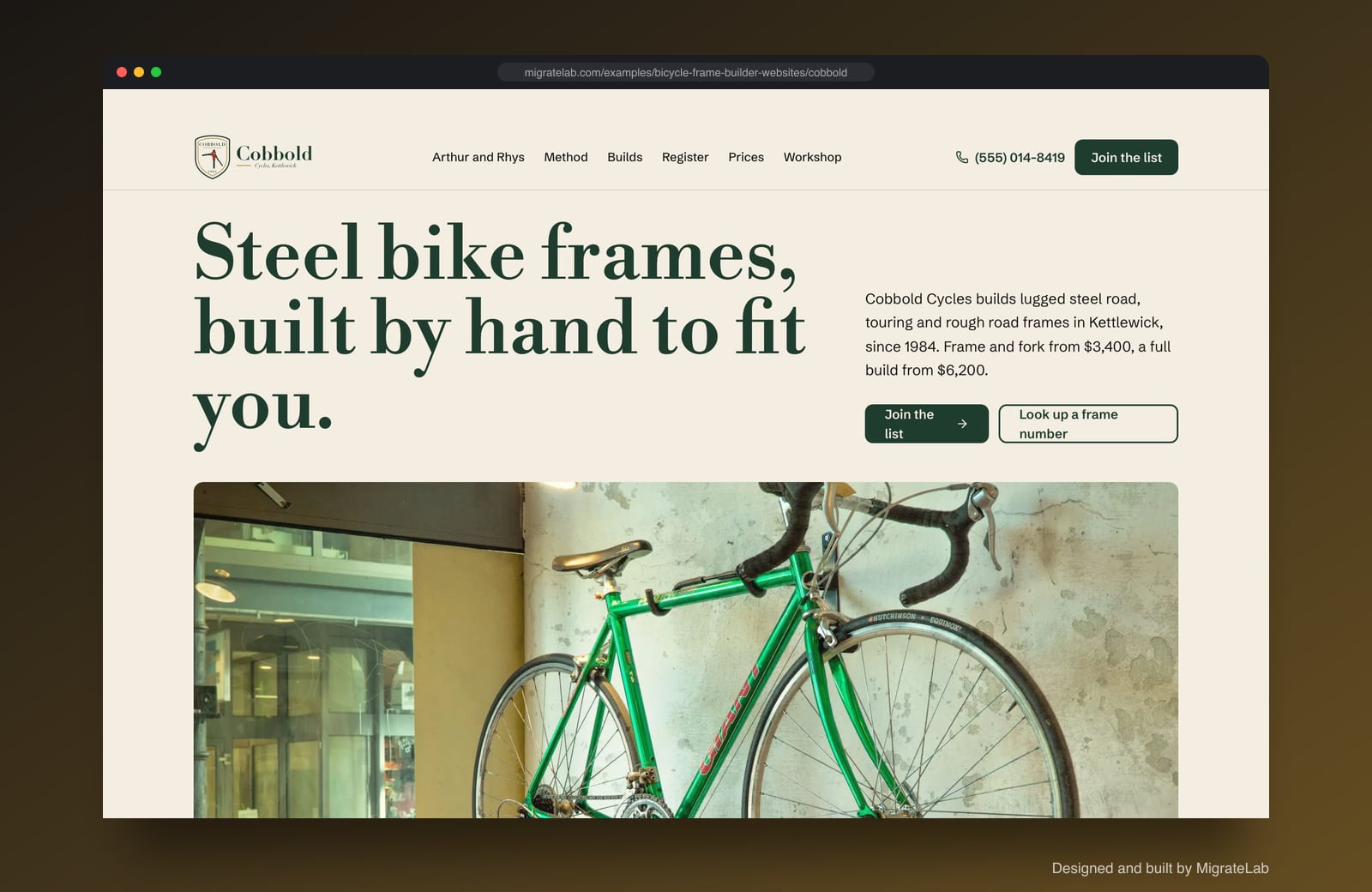 Bicycle frame builder website example by MigrateLab: Cobbold Cycles, a heritage and trust design shown in a browser