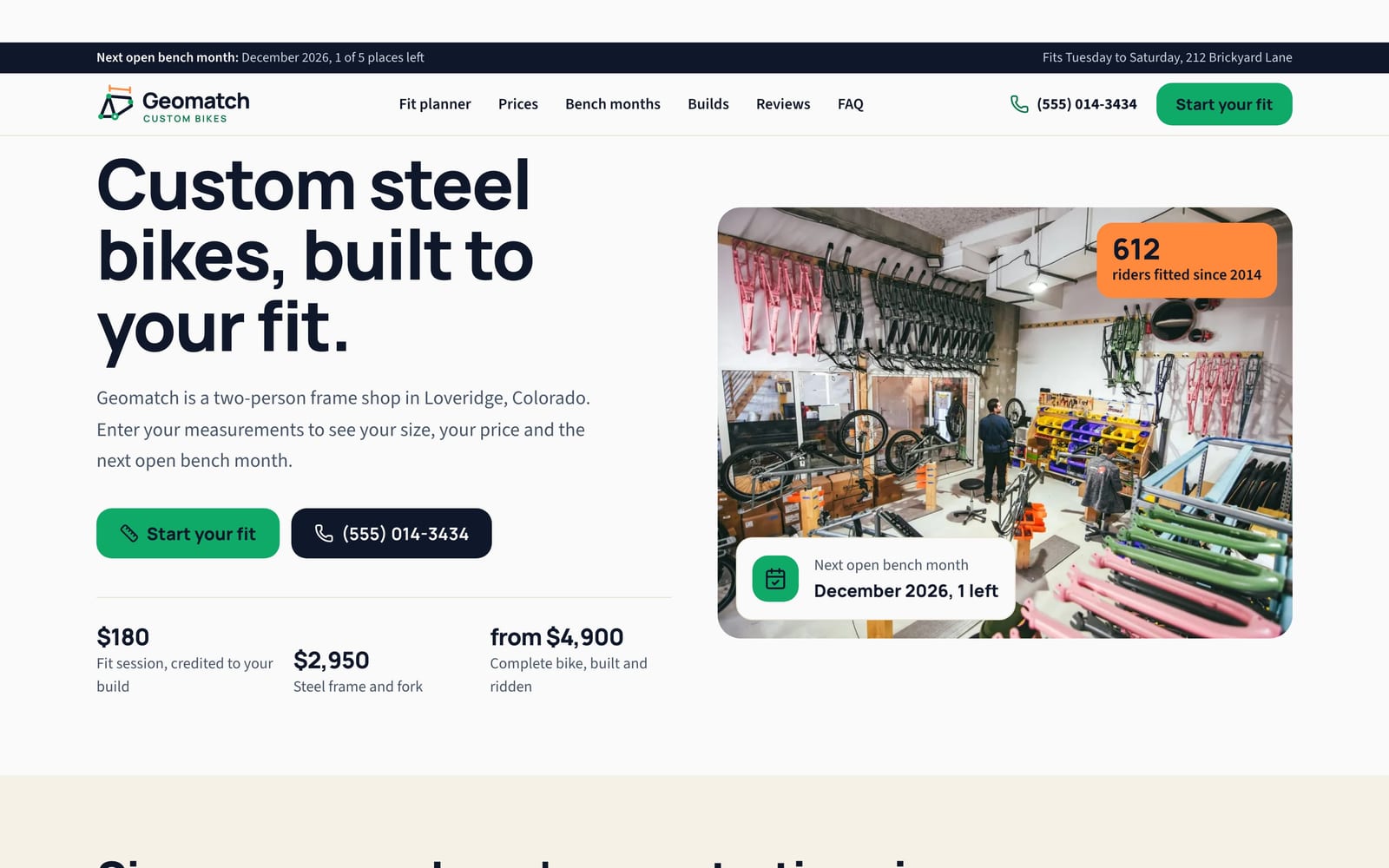 Bicycle frame builder website design: Geomatch Custom Bikes home page, lead machine style