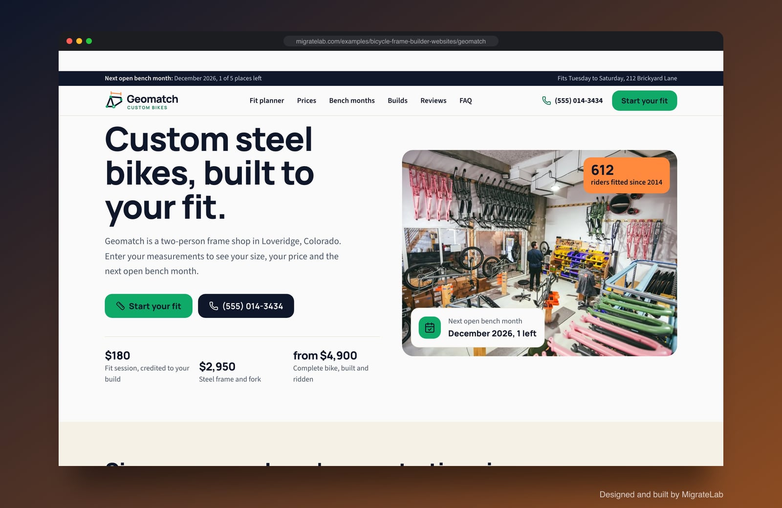 Bicycle frame builder website example by MigrateLab: Geomatch Custom Bikes, a lead machine design shown in a browser