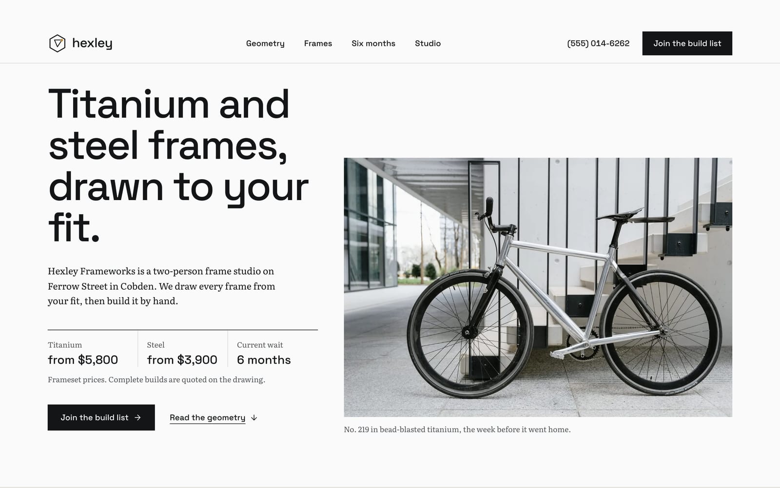 Bicycle frame builder website design: Hexley Frameworks home page, premium design-led style