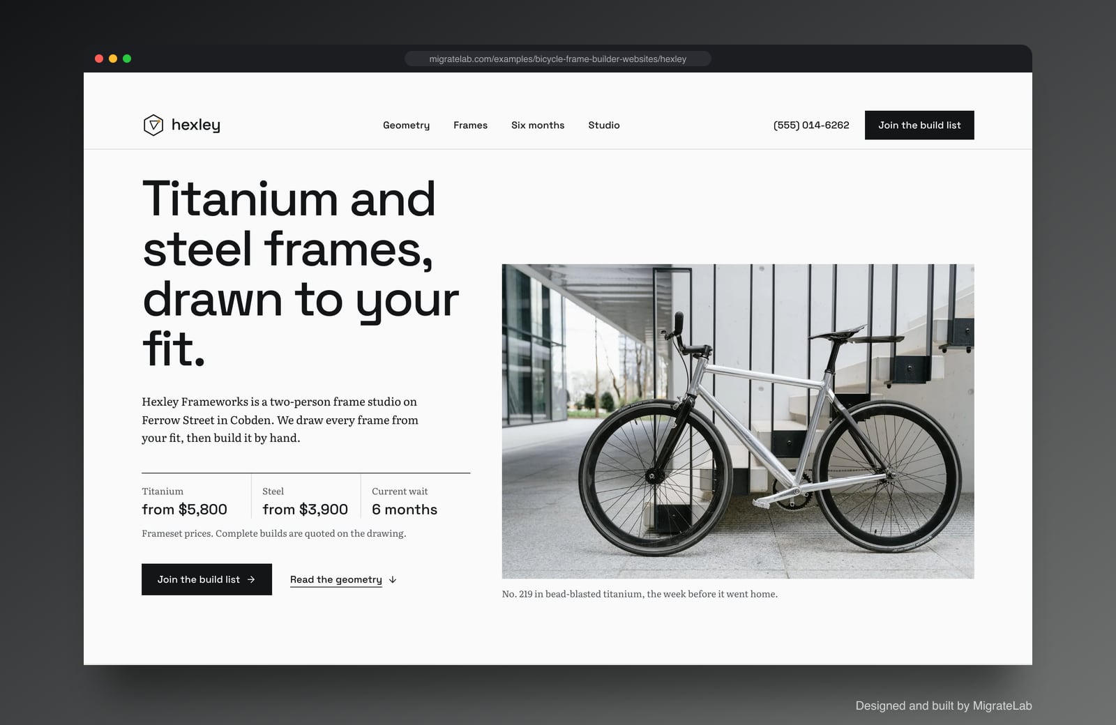 Bicycle frame builder website example by MigrateLab: Hexley Frameworks, a premium design-led design shown in a browser