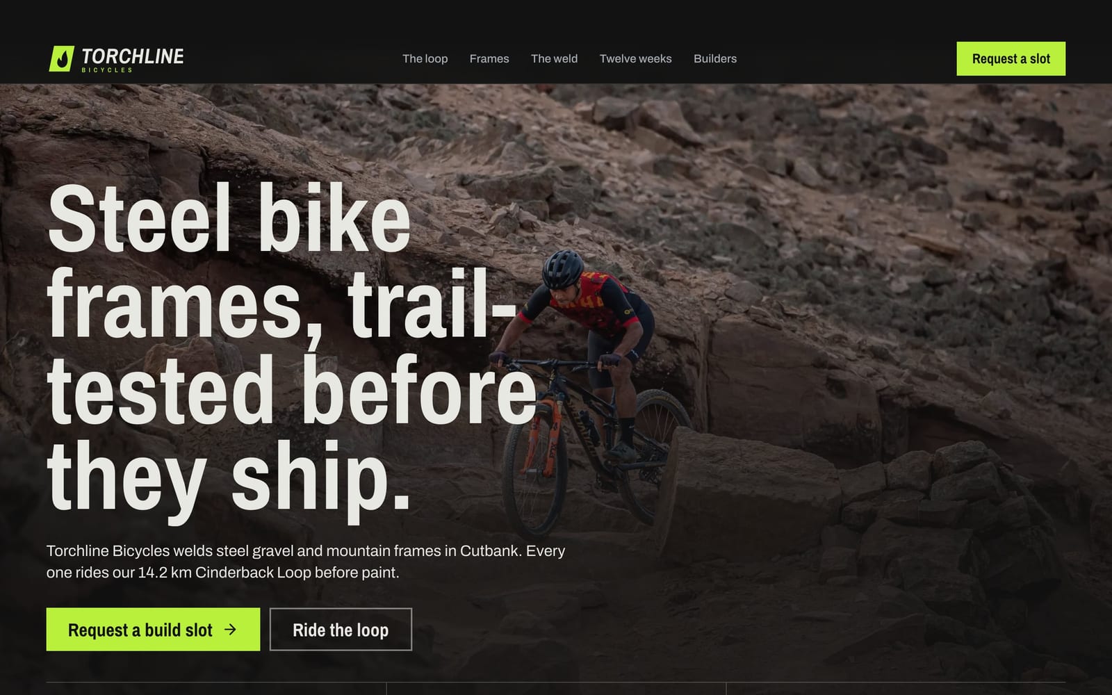 Bicycle frame builder website design: Torchline Bicycles home page, bold and industrial style