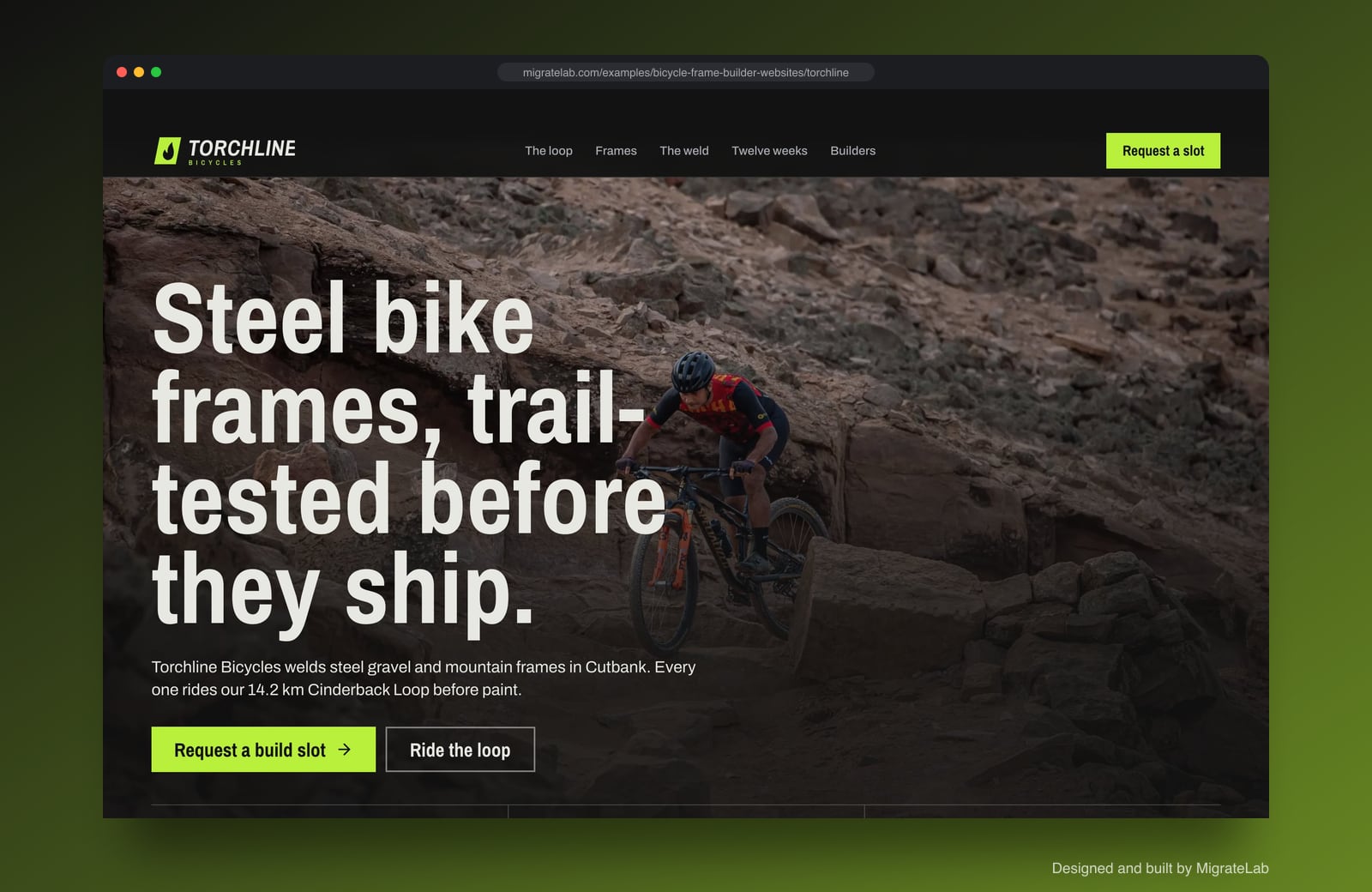 Bicycle frame builder website example by MigrateLab: Torchline Bicycles, a bold and industrial design shown in a browser