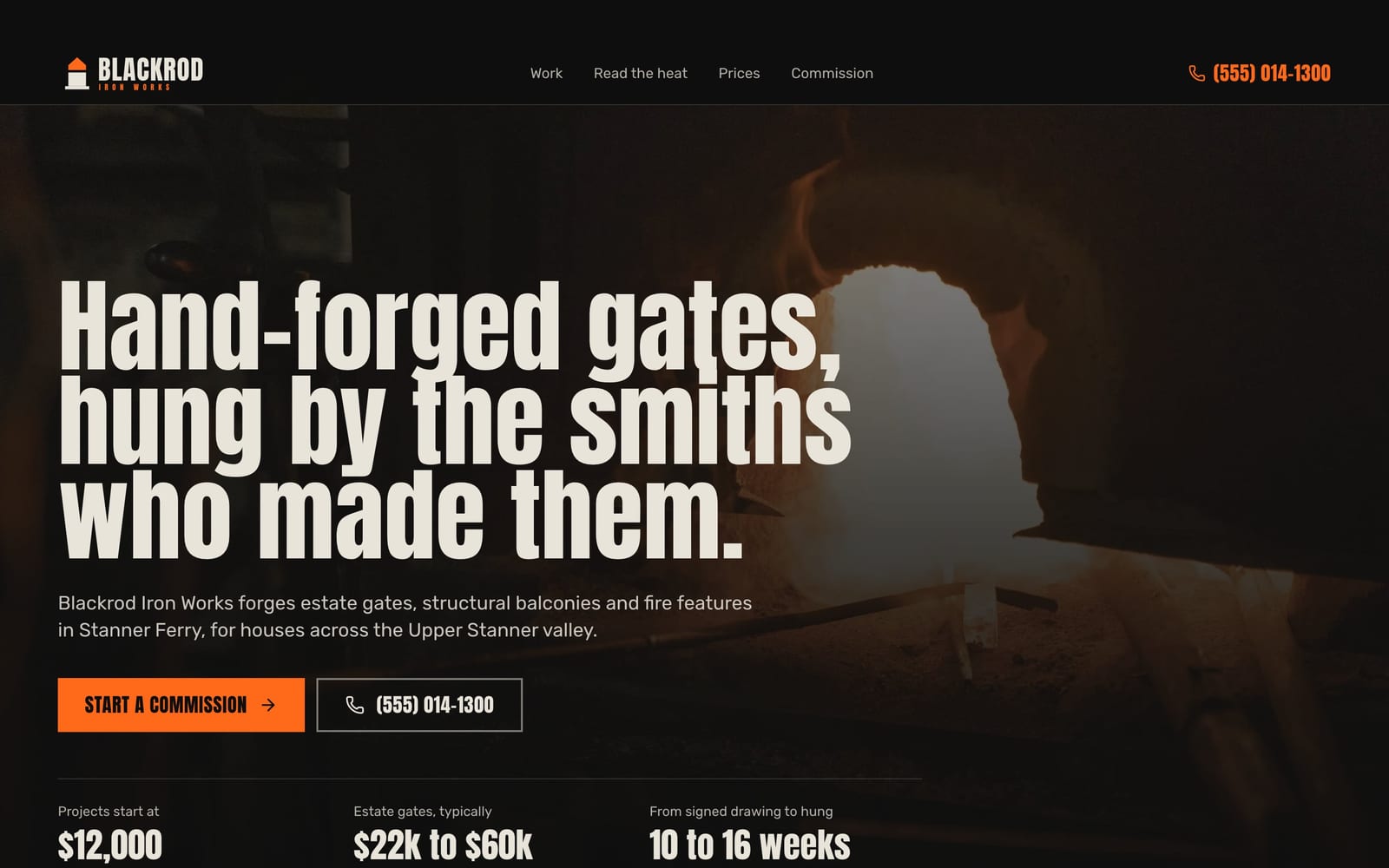 Blacksmith website design: Blackrod Iron Works home page, bold and industrial style