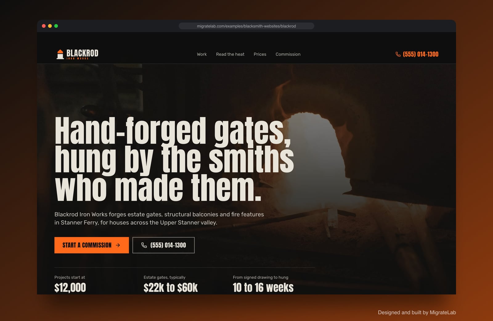 Blacksmith website example by MigrateLab: Blackrod Iron Works, a bold and industrial design shown in a browser