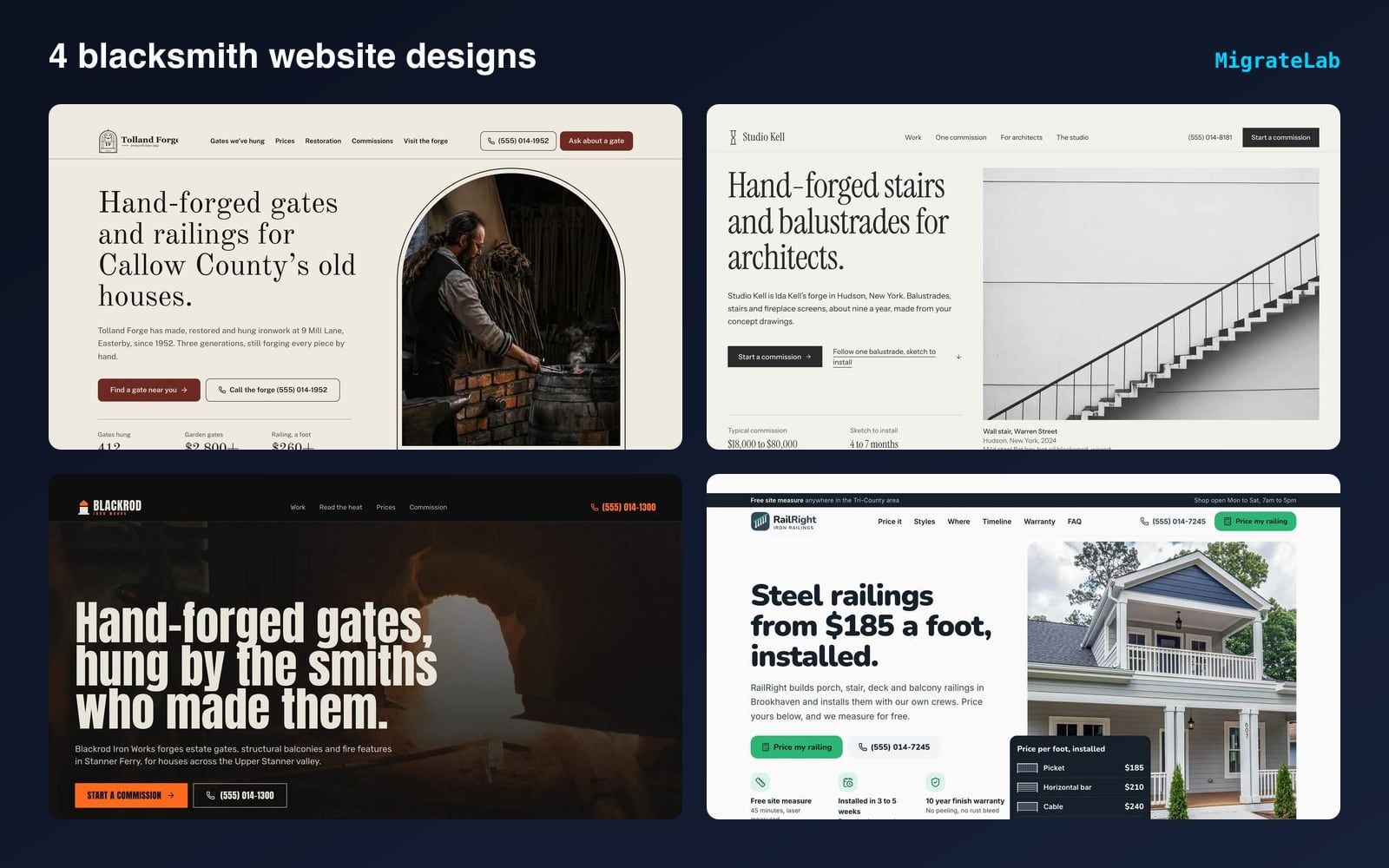 Four blacksmith website designs by MigrateLab shown side by side