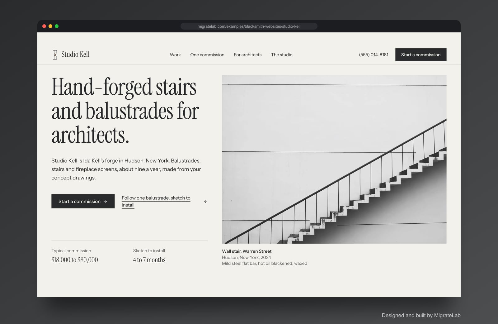 Blacksmith website example by MigrateLab: Studio Kell Forged Metalwork, a premium design-led design shown in a browser
