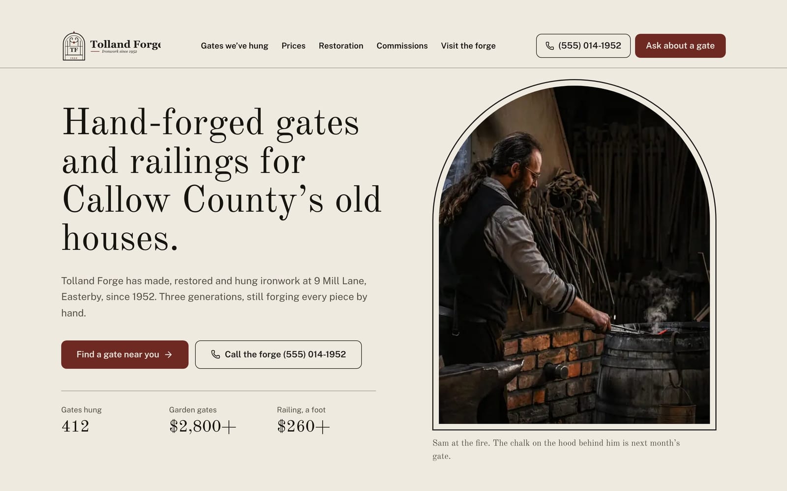 Blacksmith website design: Tolland Forge Ironwork home page, heritage and trust style