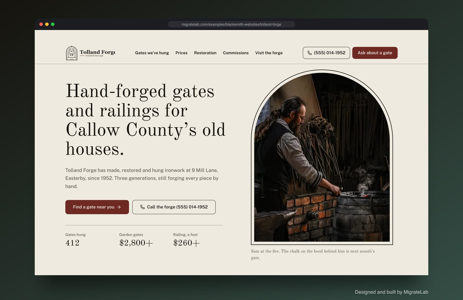 Blacksmith website example by MigrateLab: Tolland Forge Ironwork, a heritage and trust design shown in a browser
