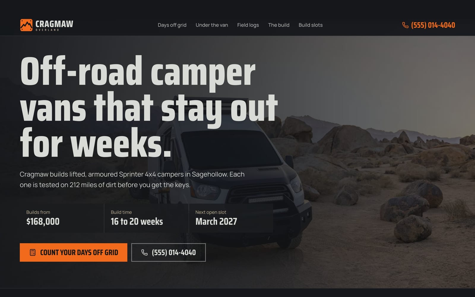Camper van builder website design: Cragmaw Overland home page, bold and industrial style
