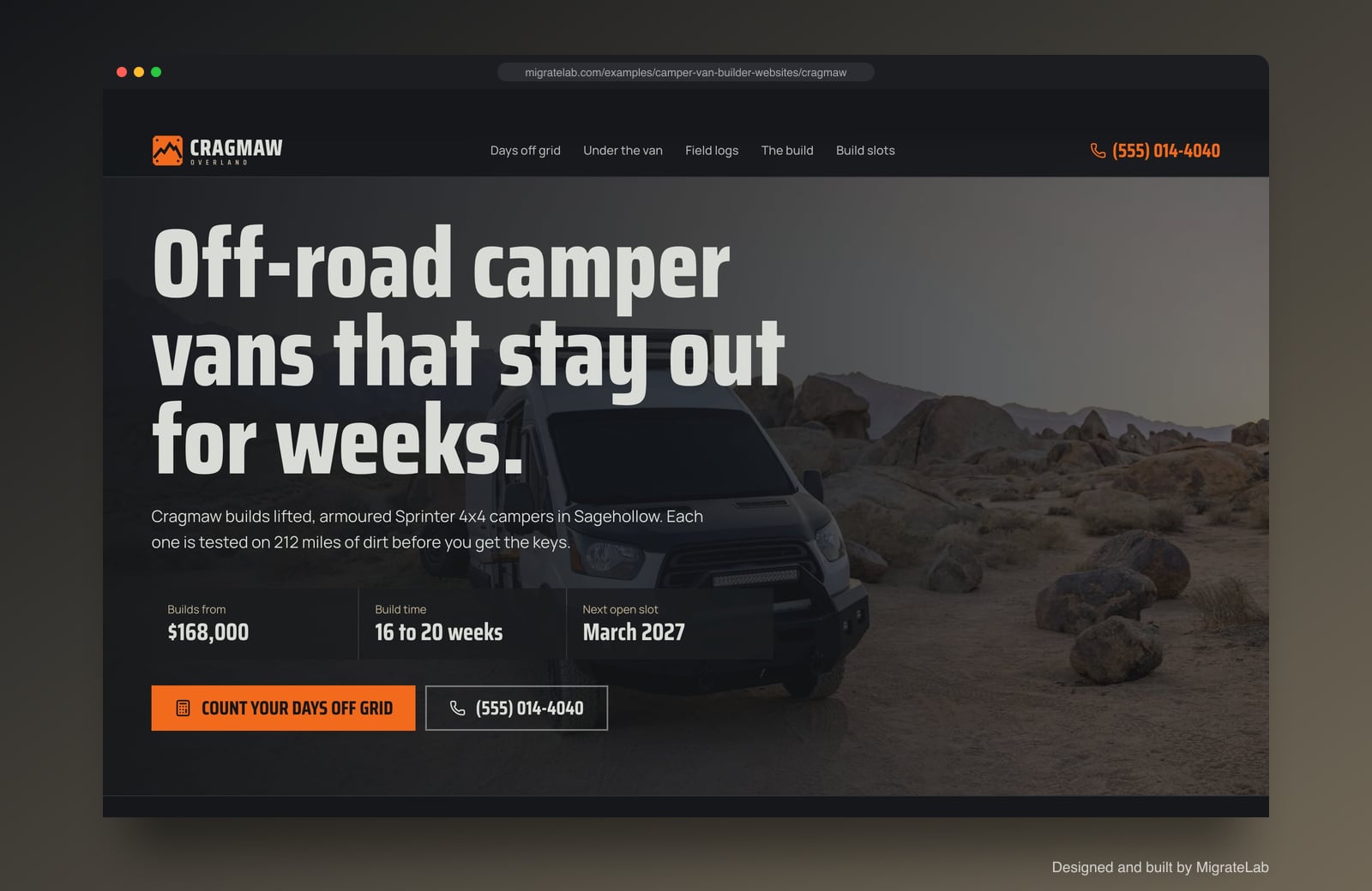 Camper van builder website example by MigrateLab: Cragmaw Overland, a bold and industrial design shown in a browser