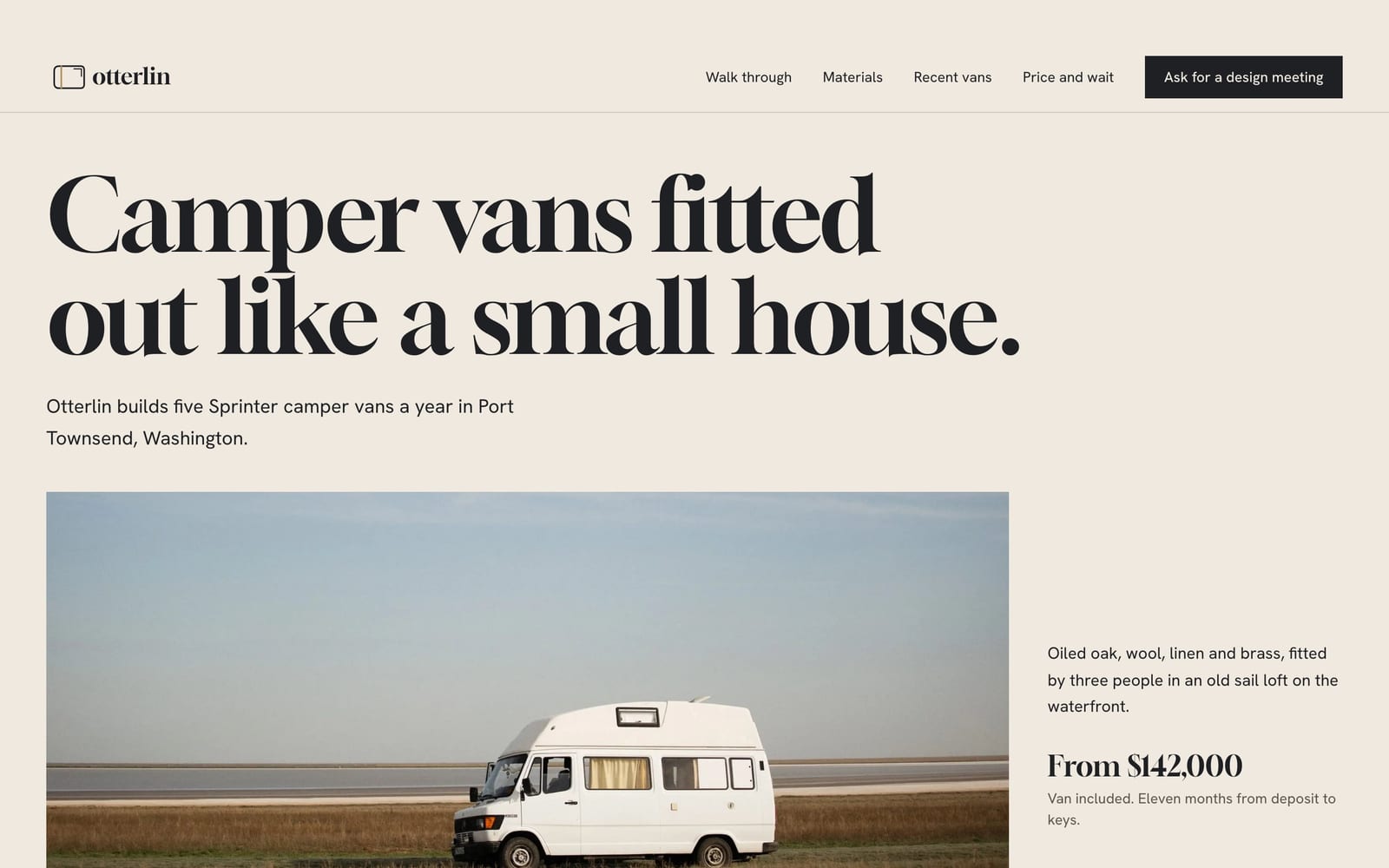 Camper van builder website design: Otterlin Vans home page, premium design-led style
