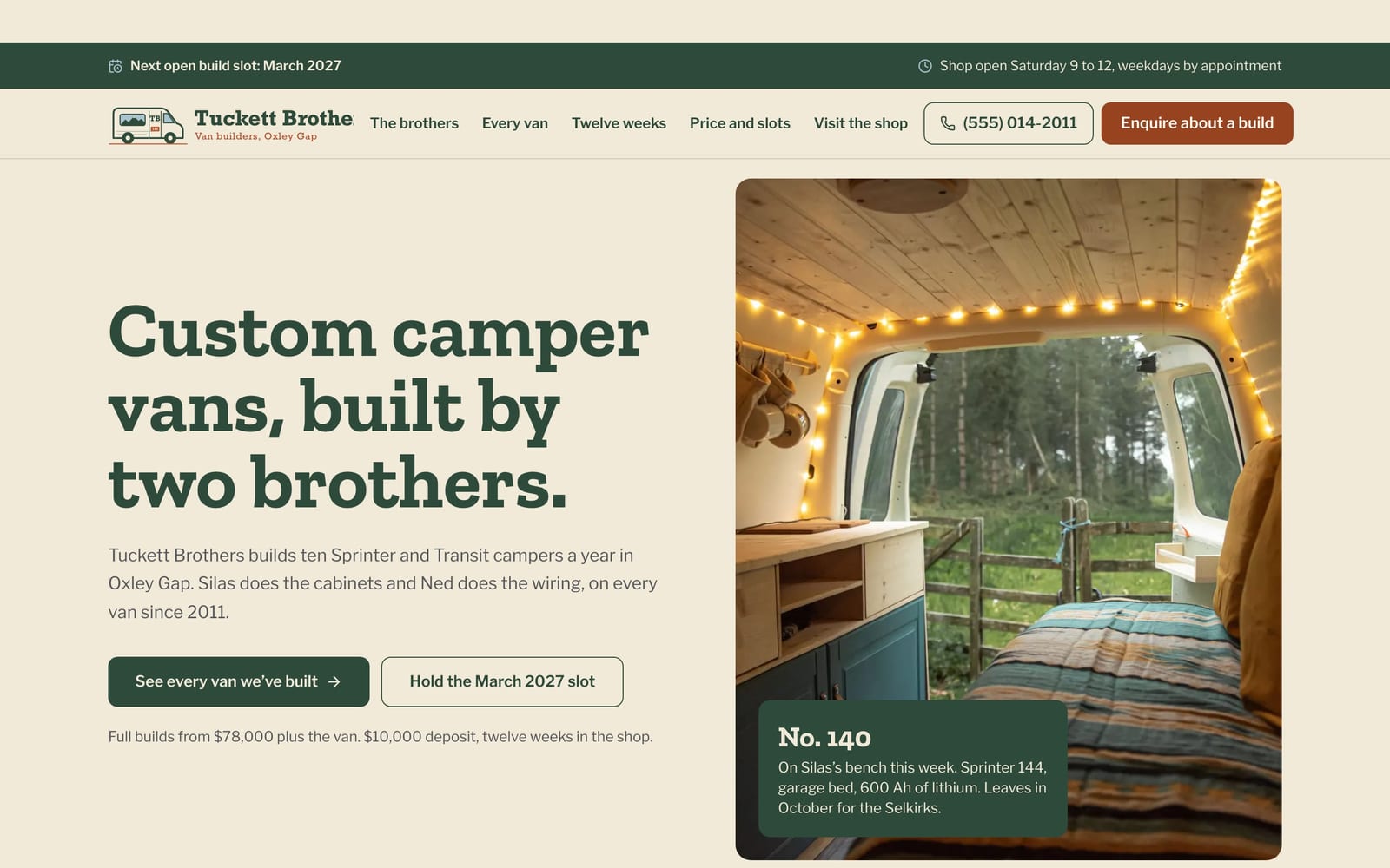 Camper van builder website design: Tuckett Brothers Vans home page, heritage and trust style
