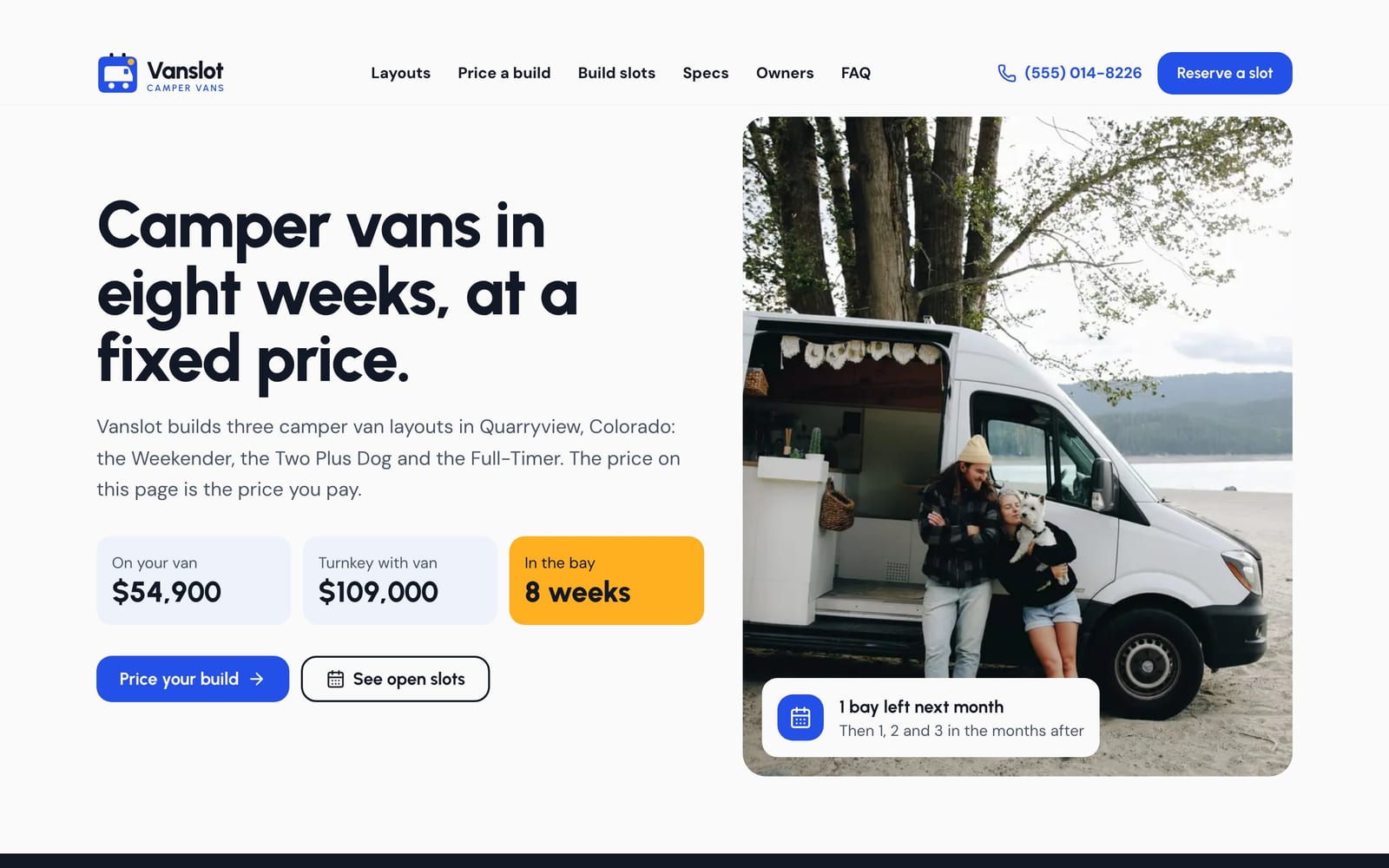 Camper van builder website design: Vanslot Camper Vans home page, lead machine style