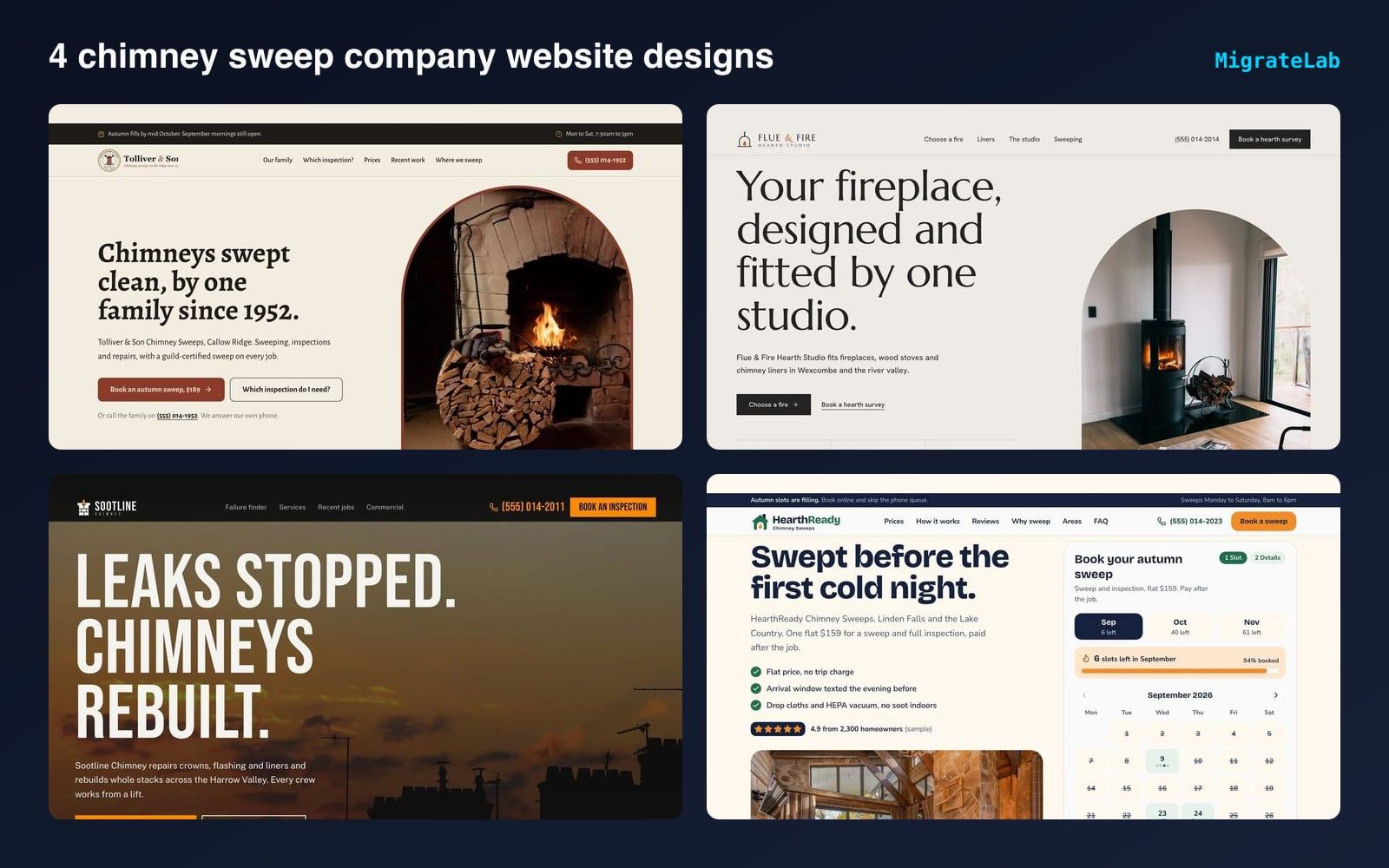 Four chimney sweep company website designs by MigrateLab shown side by side