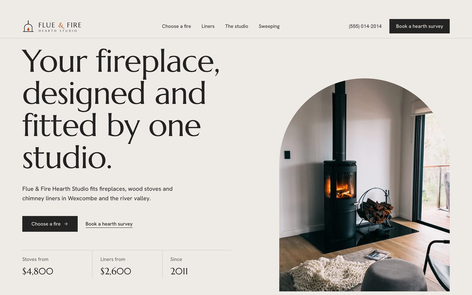 Chimney sweep company website design: Flue & Fire Hearth Studio home page, premium design-led style