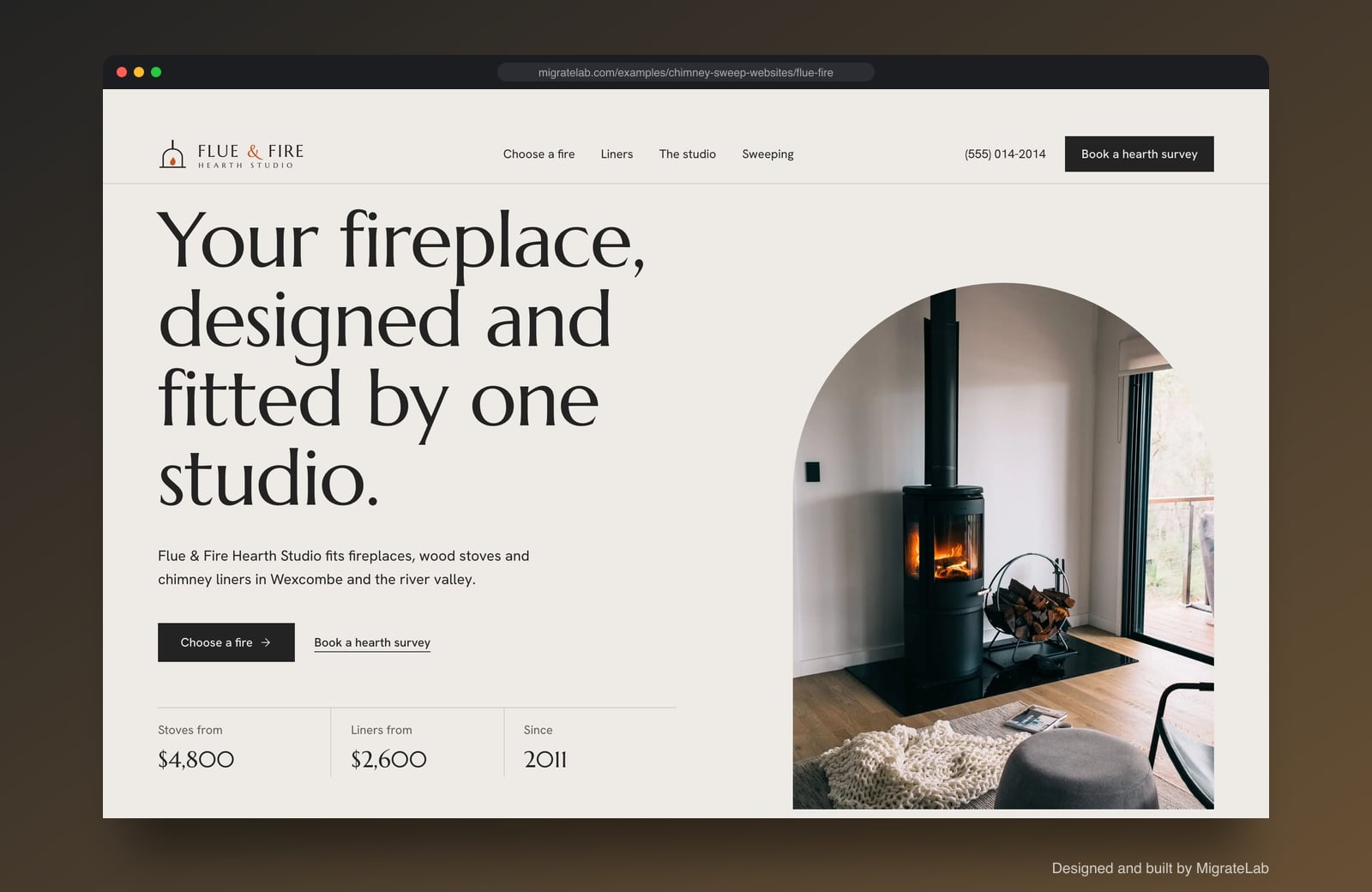 Chimney sweep company website example by MigrateLab: Flue & Fire Hearth Studio, a premium design-led design shown in a browser
