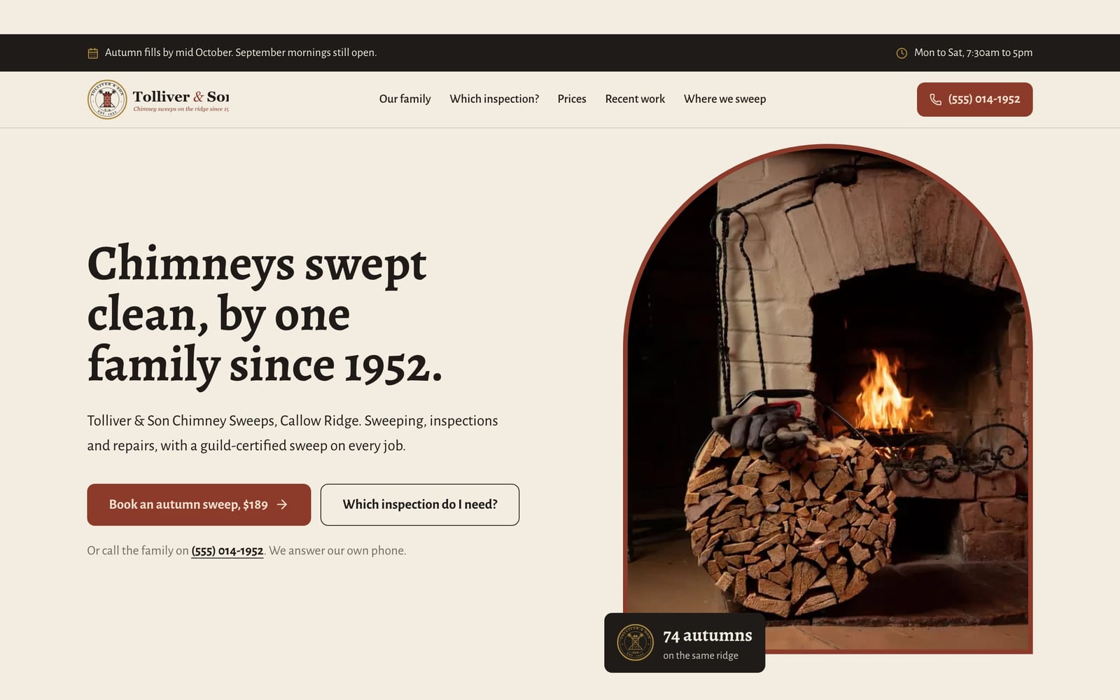 Chimney sweep company website design: Tolliver & Son Chimney Sweeps home page, heritage and trust style