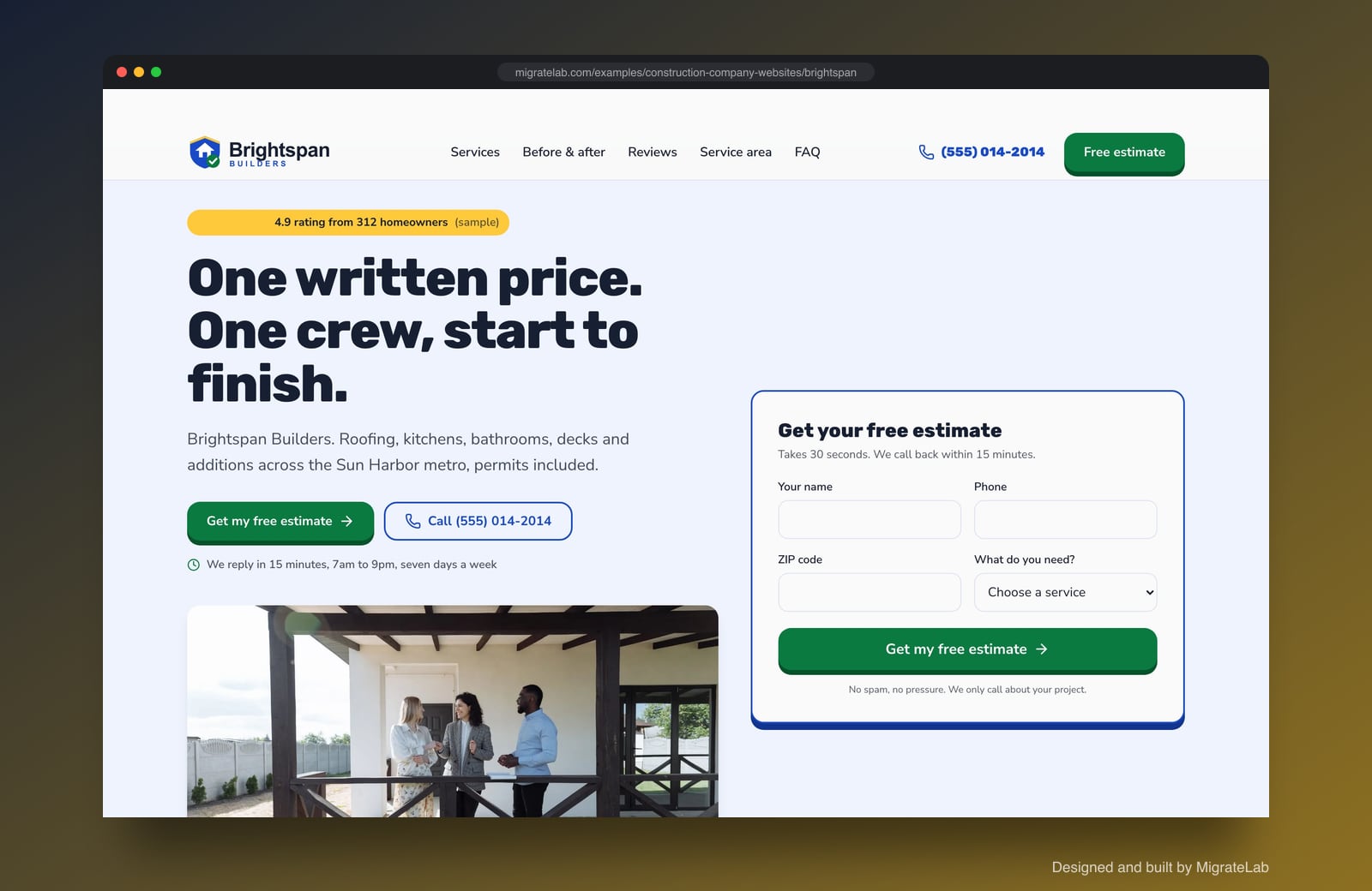 Construction company website example by MigrateLab: Brightspan Builders, a lead machine design shown in a browser