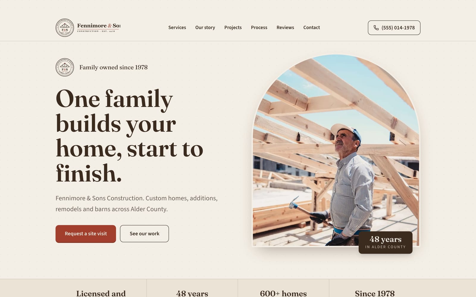 Construction company website design: Fennimore & Sons Construction home page, heritage and trust style
