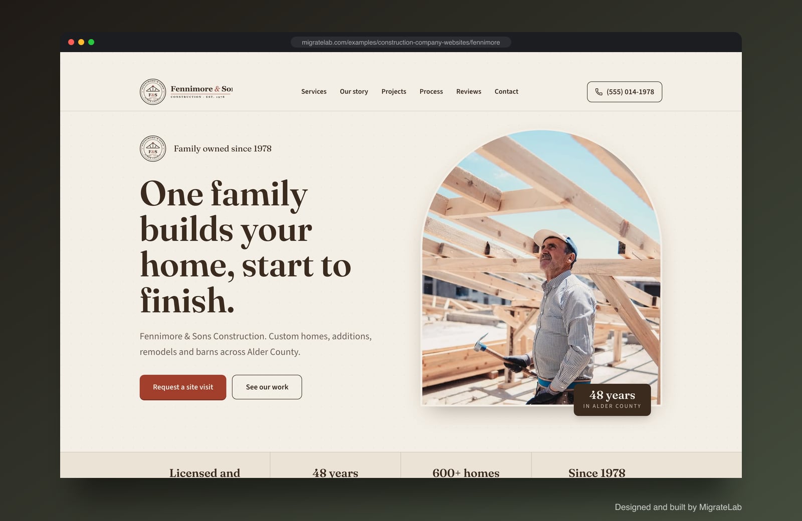 Construction company website example by MigrateLab: Fennimore & Sons Construction, a heritage and trust design shown in a browser