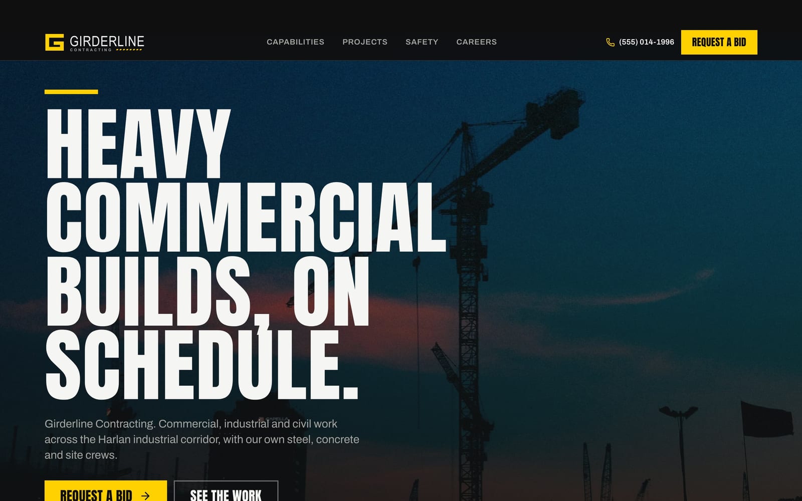 Construction company website design: Girderline Contracting home page, bold and industrial style