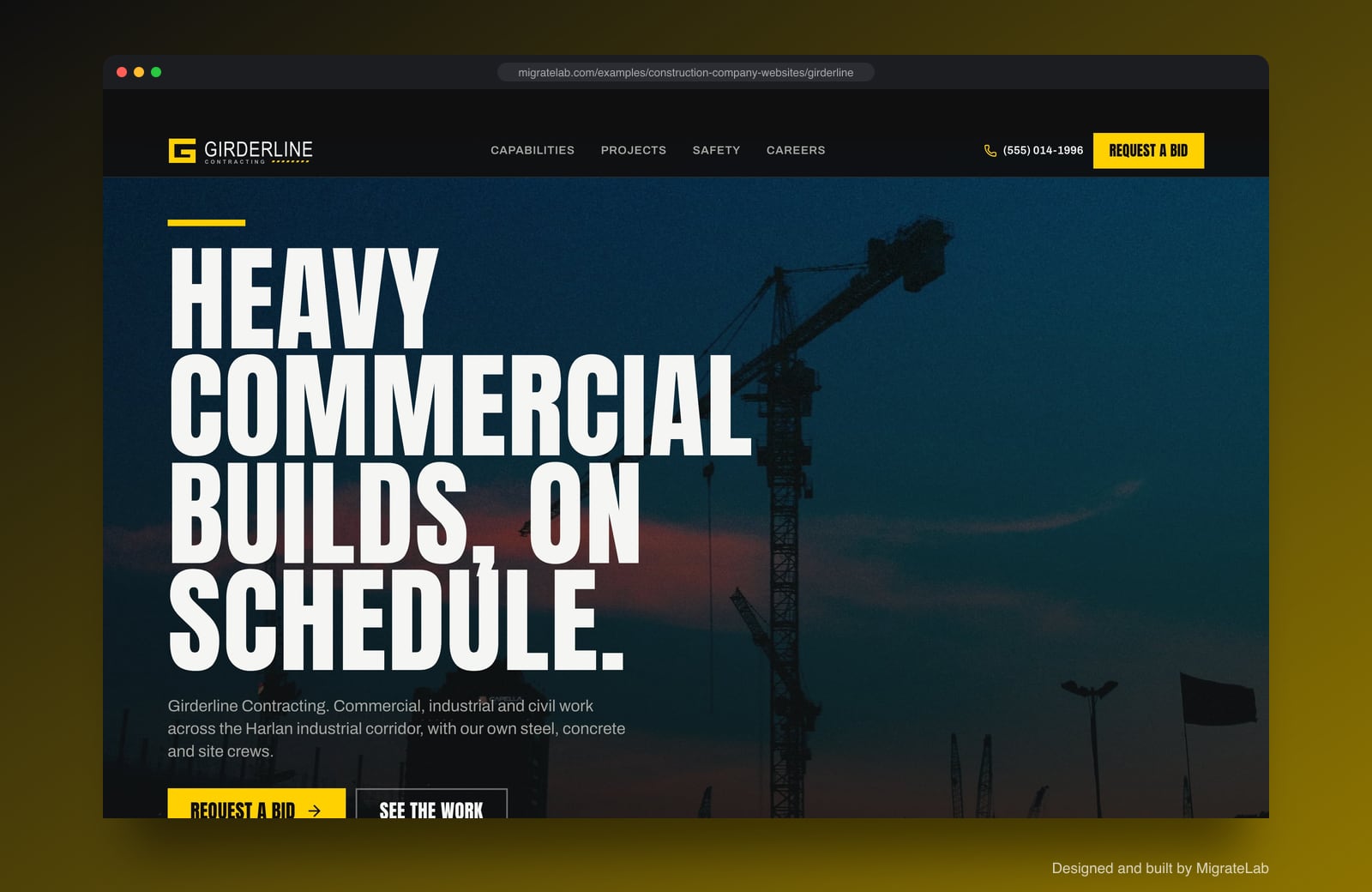 Construction company website example by MigrateLab: Girderline Contracting, a bold and industrial design shown in a browser