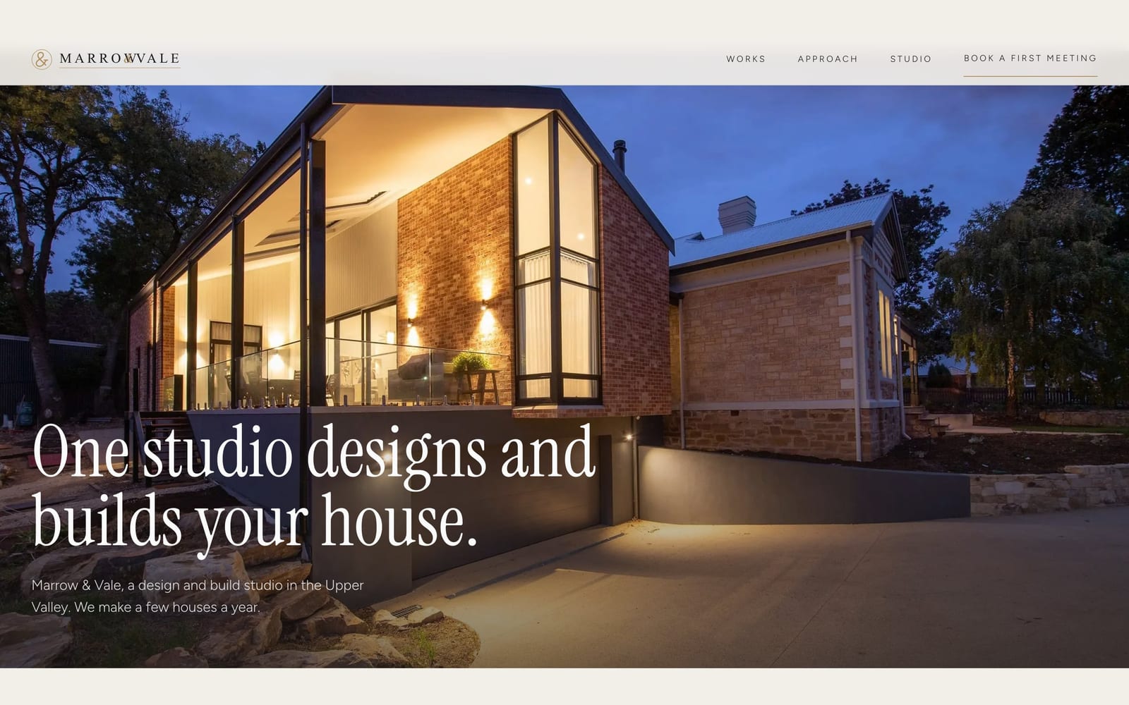 Construction company website design: Marrow & Vale Design and build home page, premium design-led style