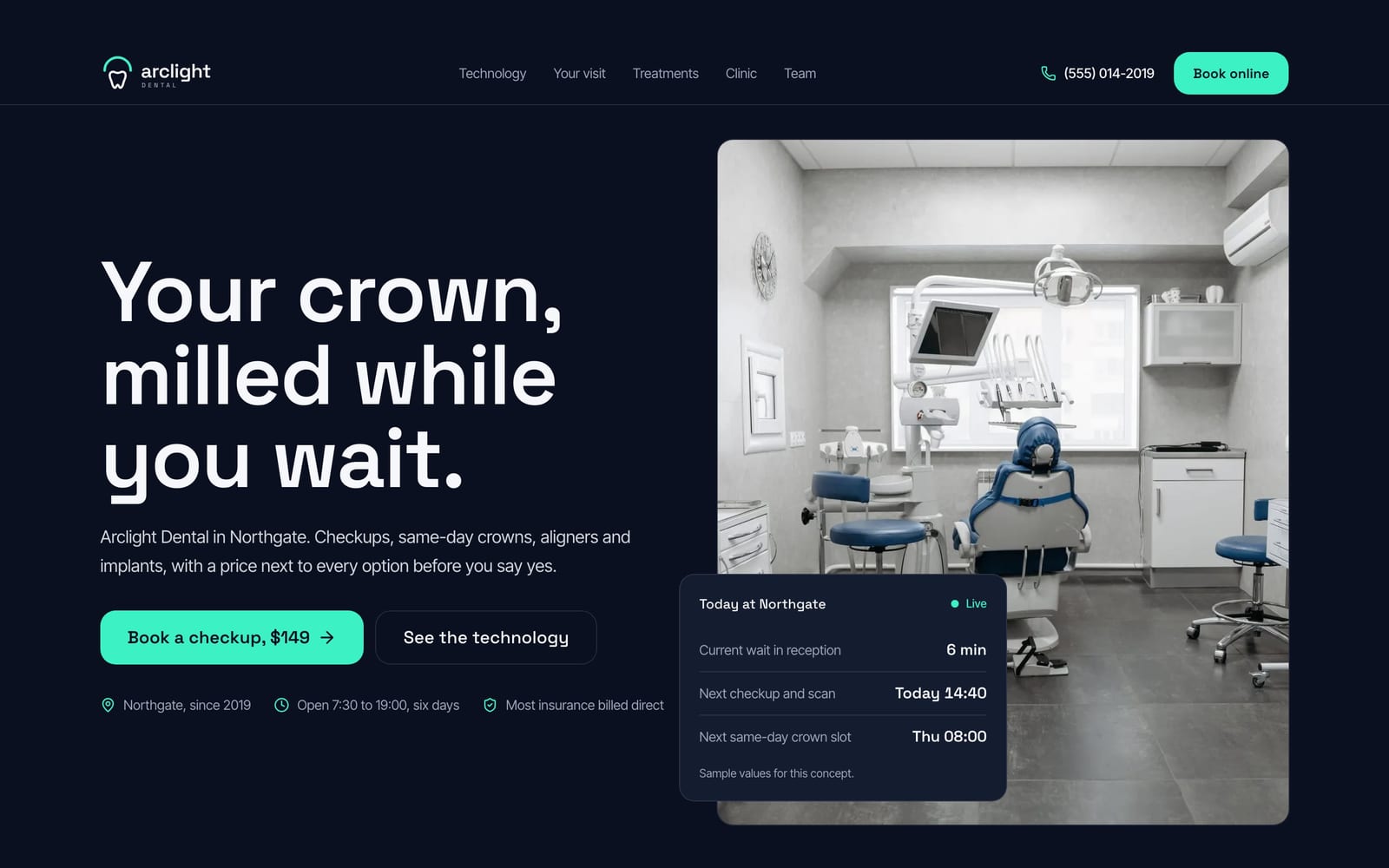 Dental practice website design: Arclight Dental home page, bold and industrial style