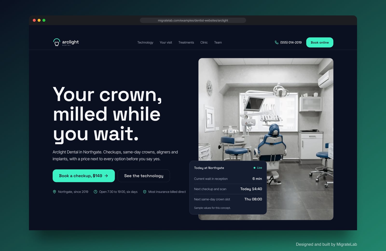 Dental practice website example by MigrateLab: Arclight Dental, a bold and industrial design shown in a browser