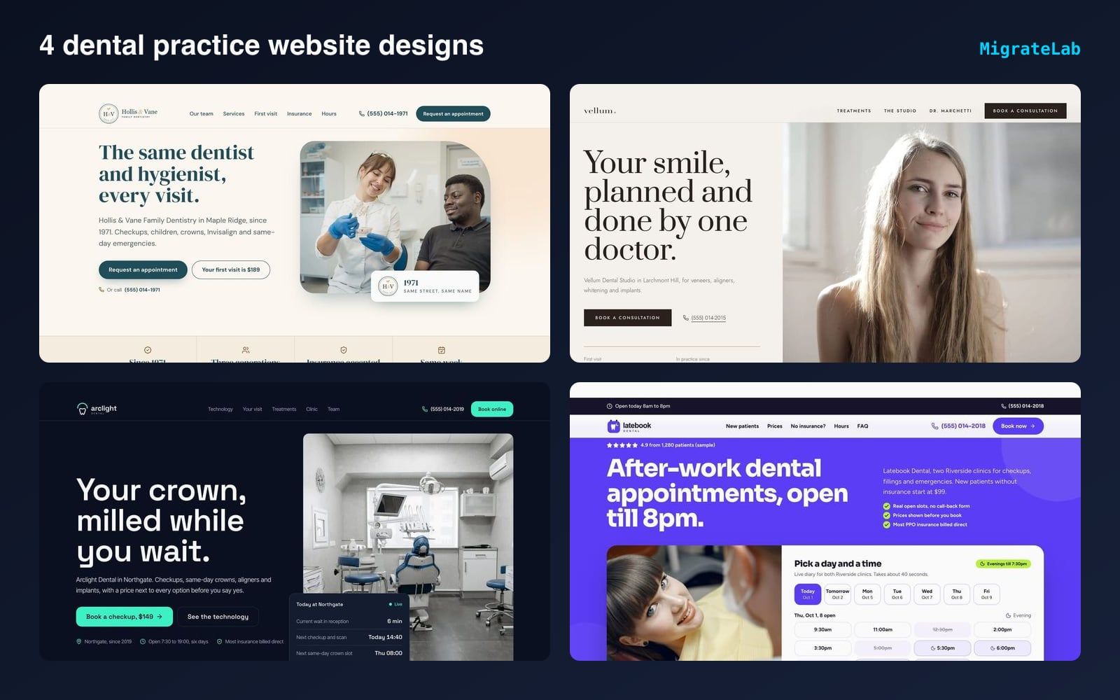 Four dental practice website designs by MigrateLab shown side by side