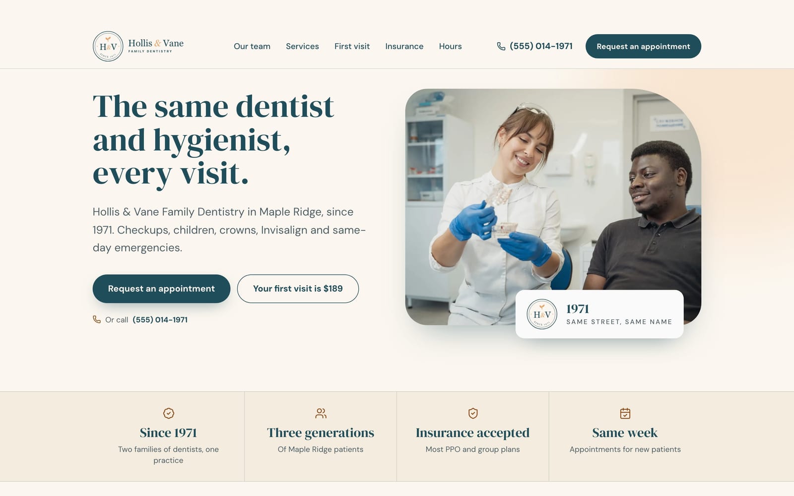 Dental practice website design: Hollis & Vane Family Dentistry home page, heritage and trust style