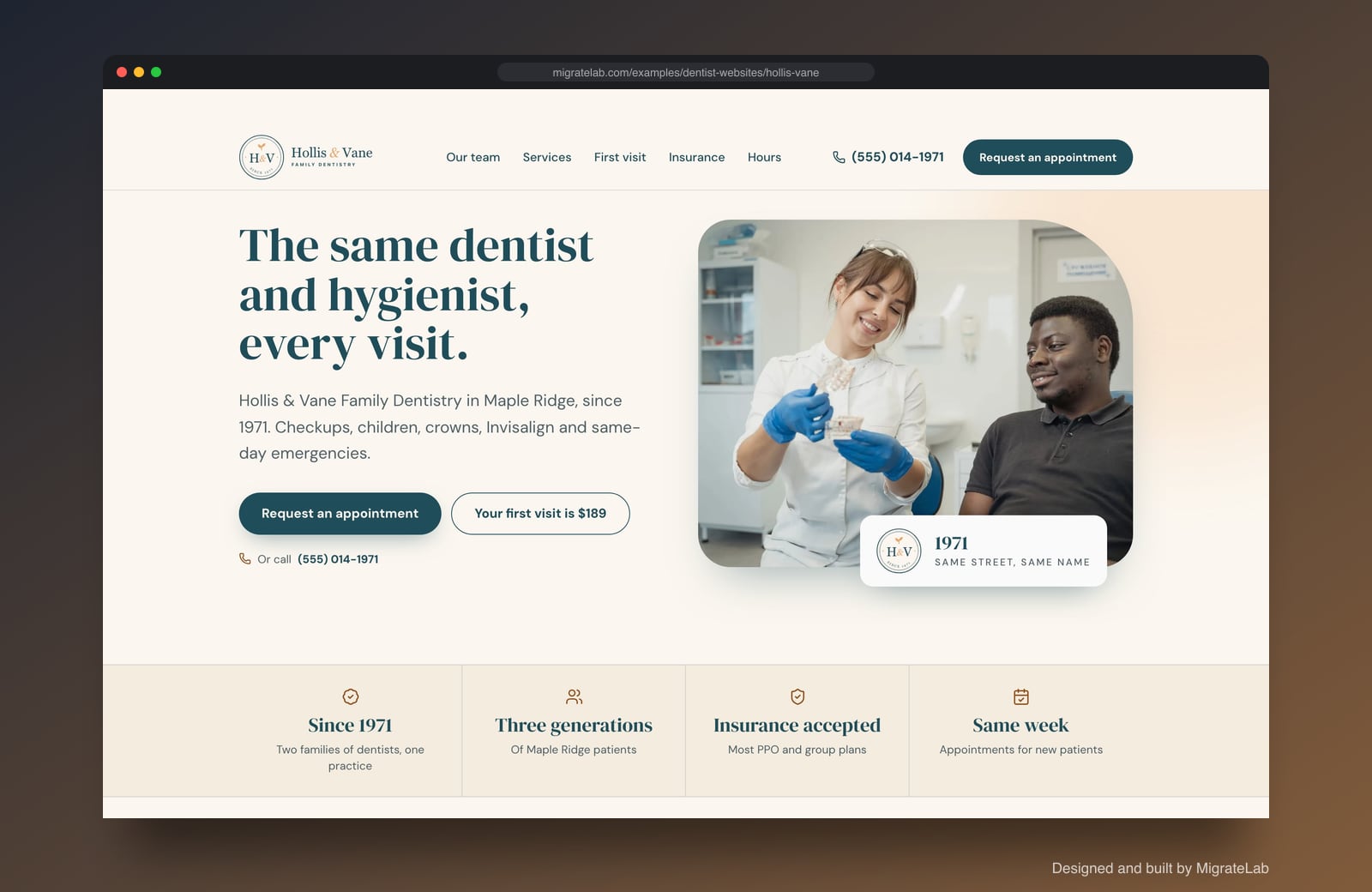 Dental practice website example by MigrateLab: Hollis & Vane Family Dentistry, a heritage and trust design shown in a browser
