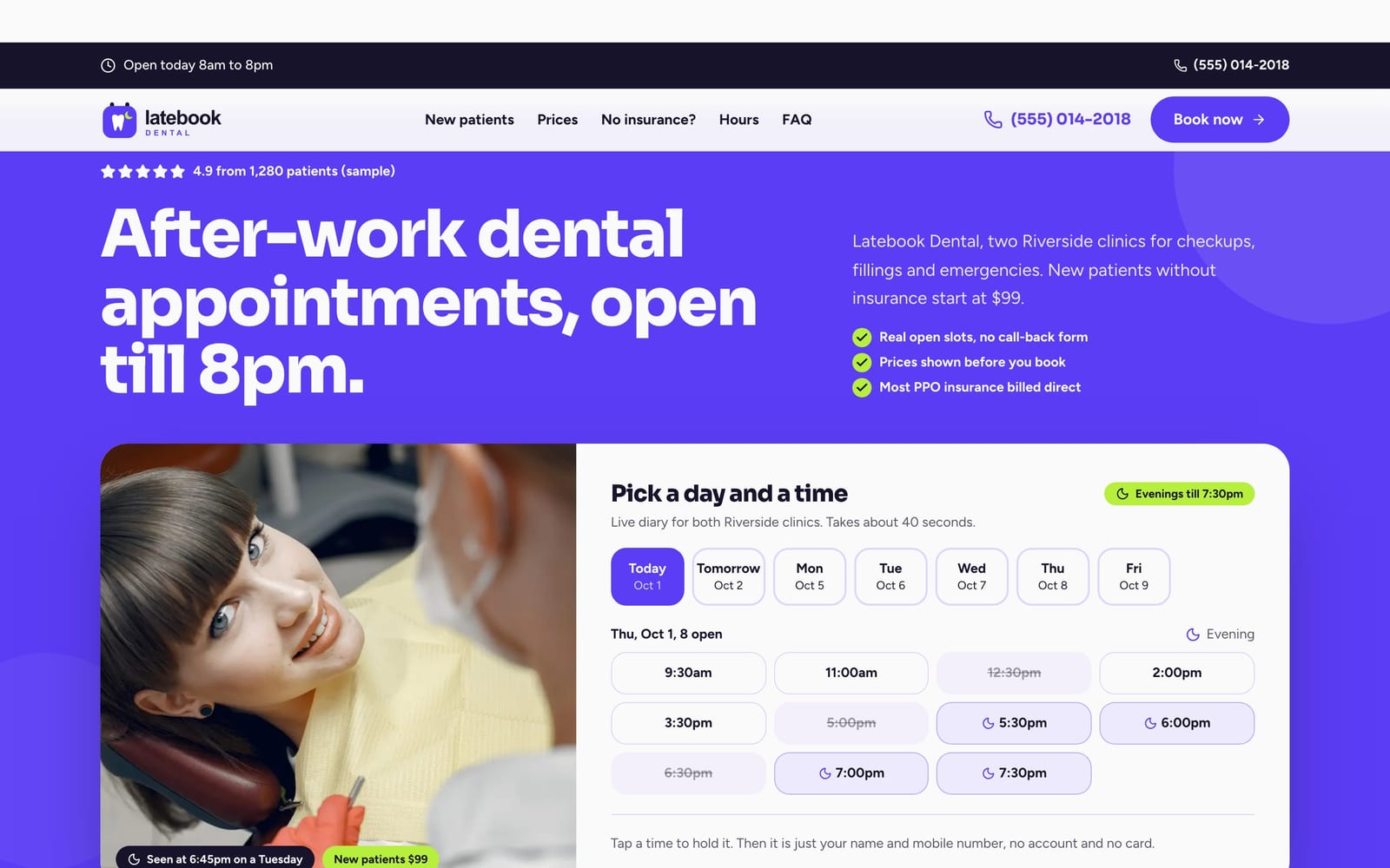 Dental practice website design: Latebook Dental home page, lead machine style