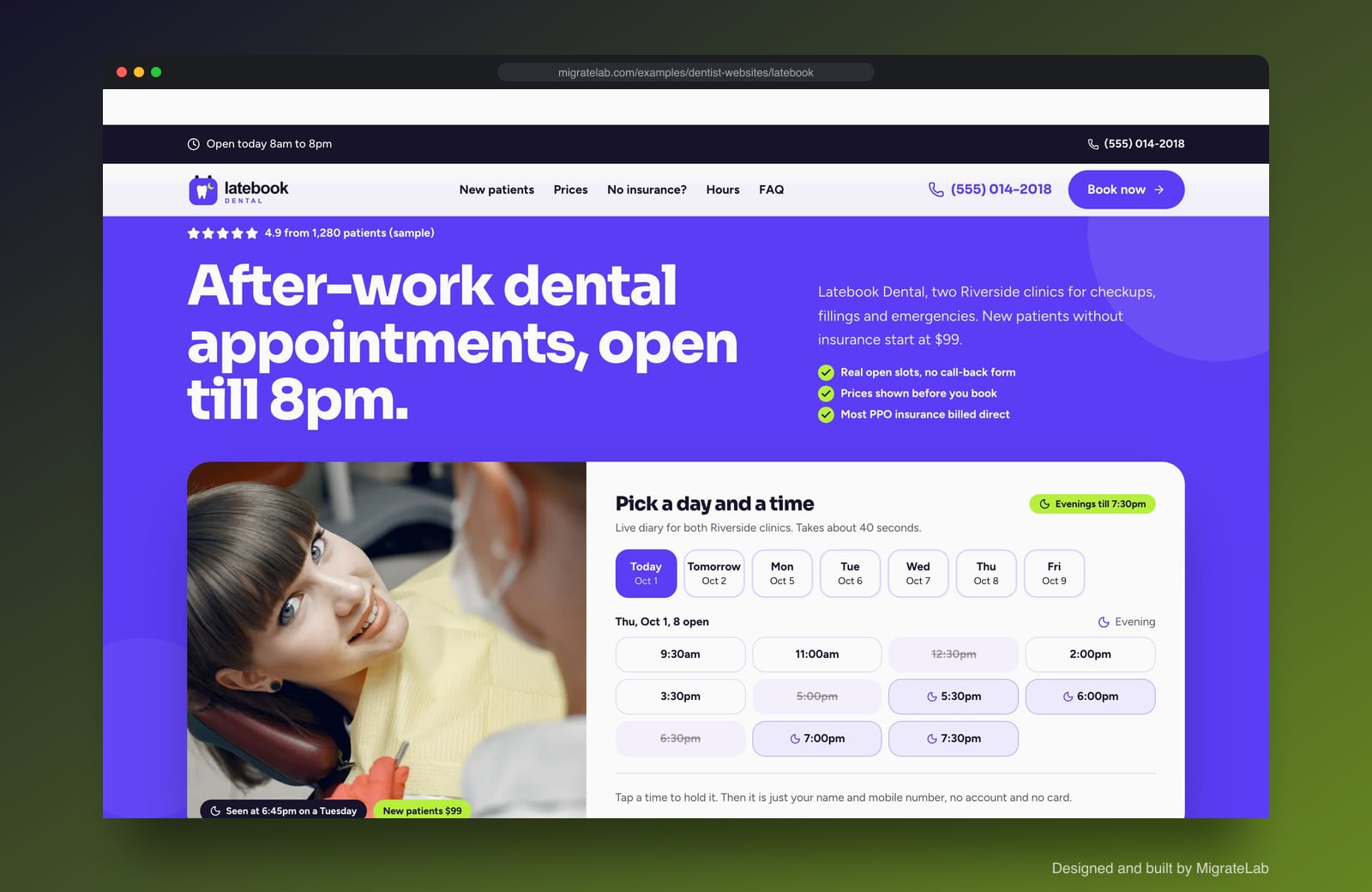 Dental practice website example by MigrateLab: Latebook Dental, a lead machine design shown in a browser