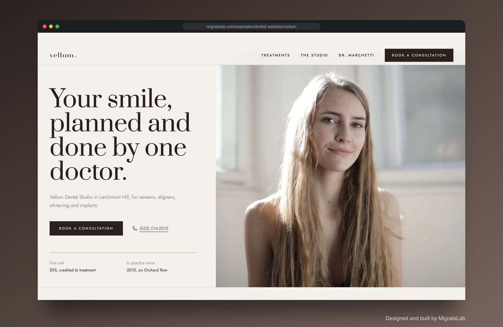 Dental practice website example by MigrateLab: Vellum Dental Studio, a premium design-led design shown in a browser
