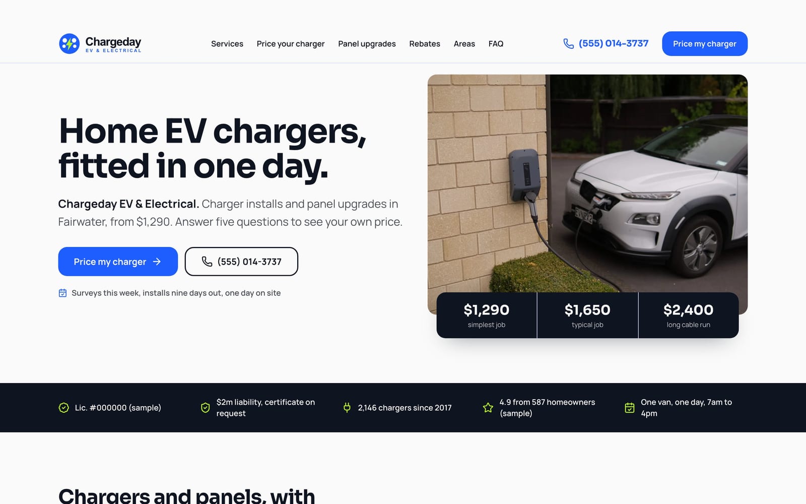 Electrician website design: Chargeday EV & Electrical home page, lead machine style