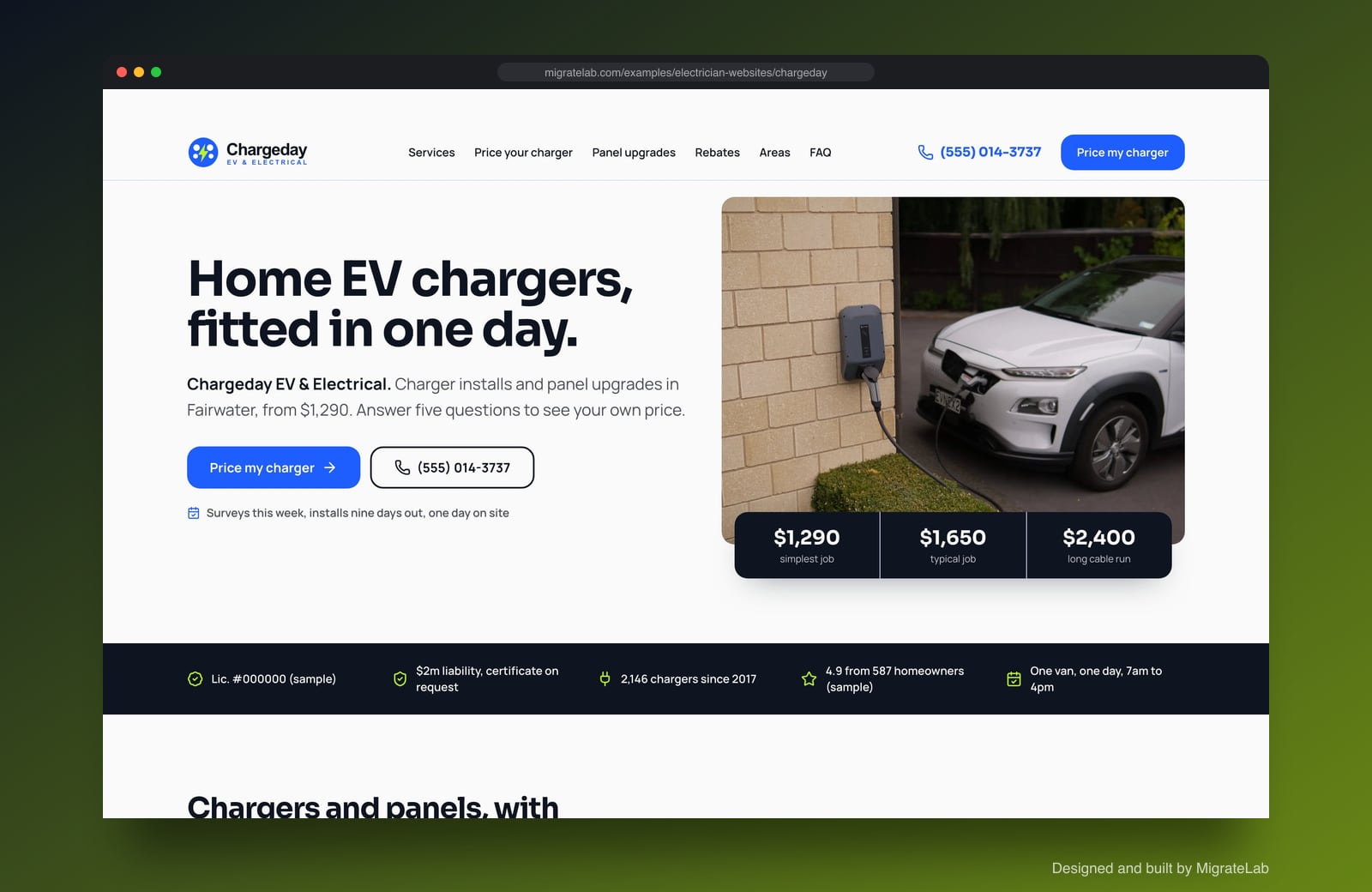 Electrician website example by MigrateLab: Chargeday EV & Electrical, a lead machine design shown in a browser