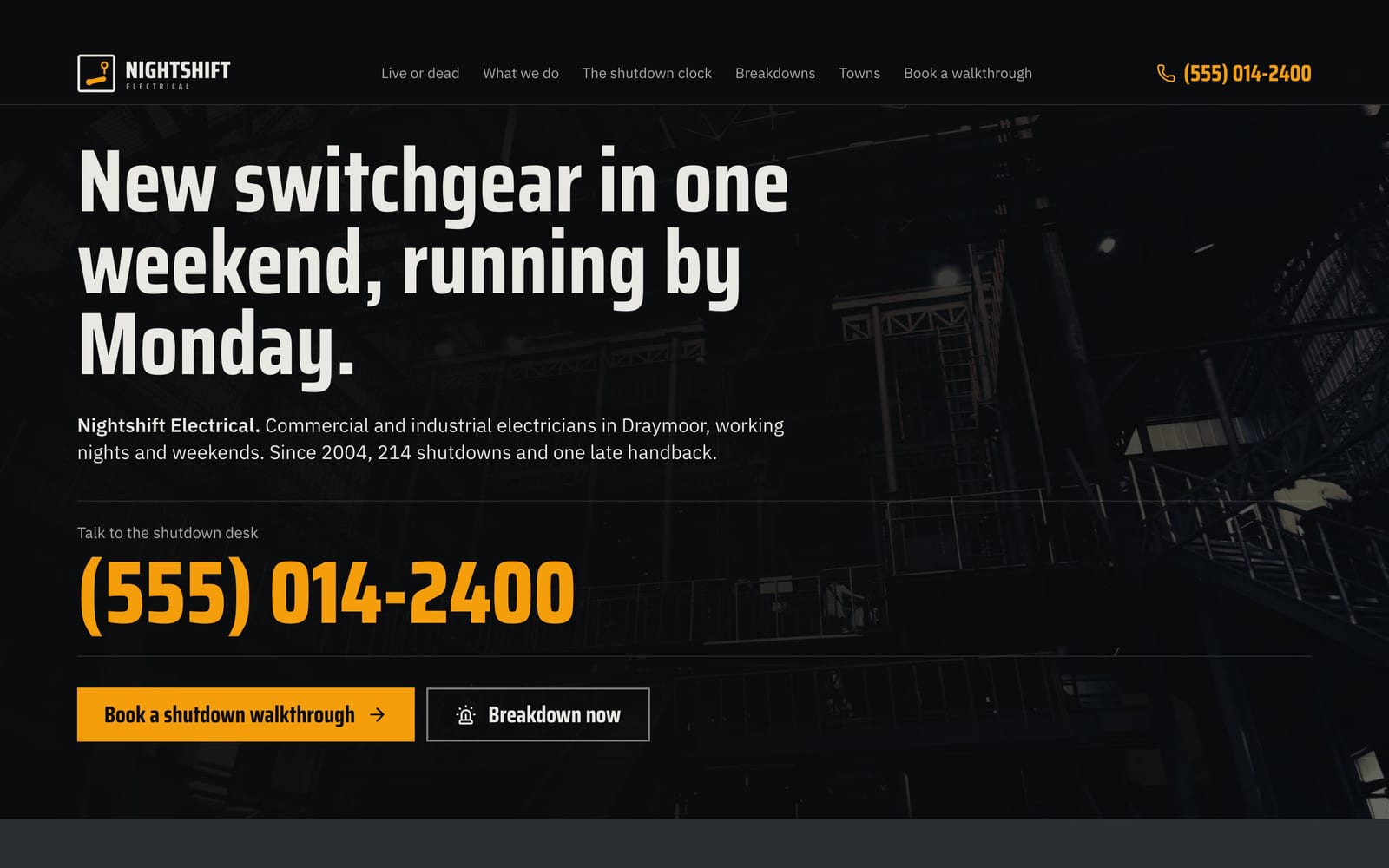 Electrician website design: Nightshift Electrical home page, bold and industrial style