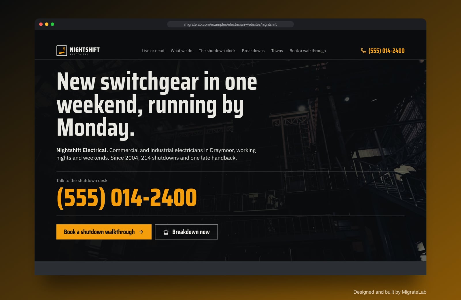 Electrician website example by MigrateLab: Nightshift Electrical, a bold and industrial design shown in a browser