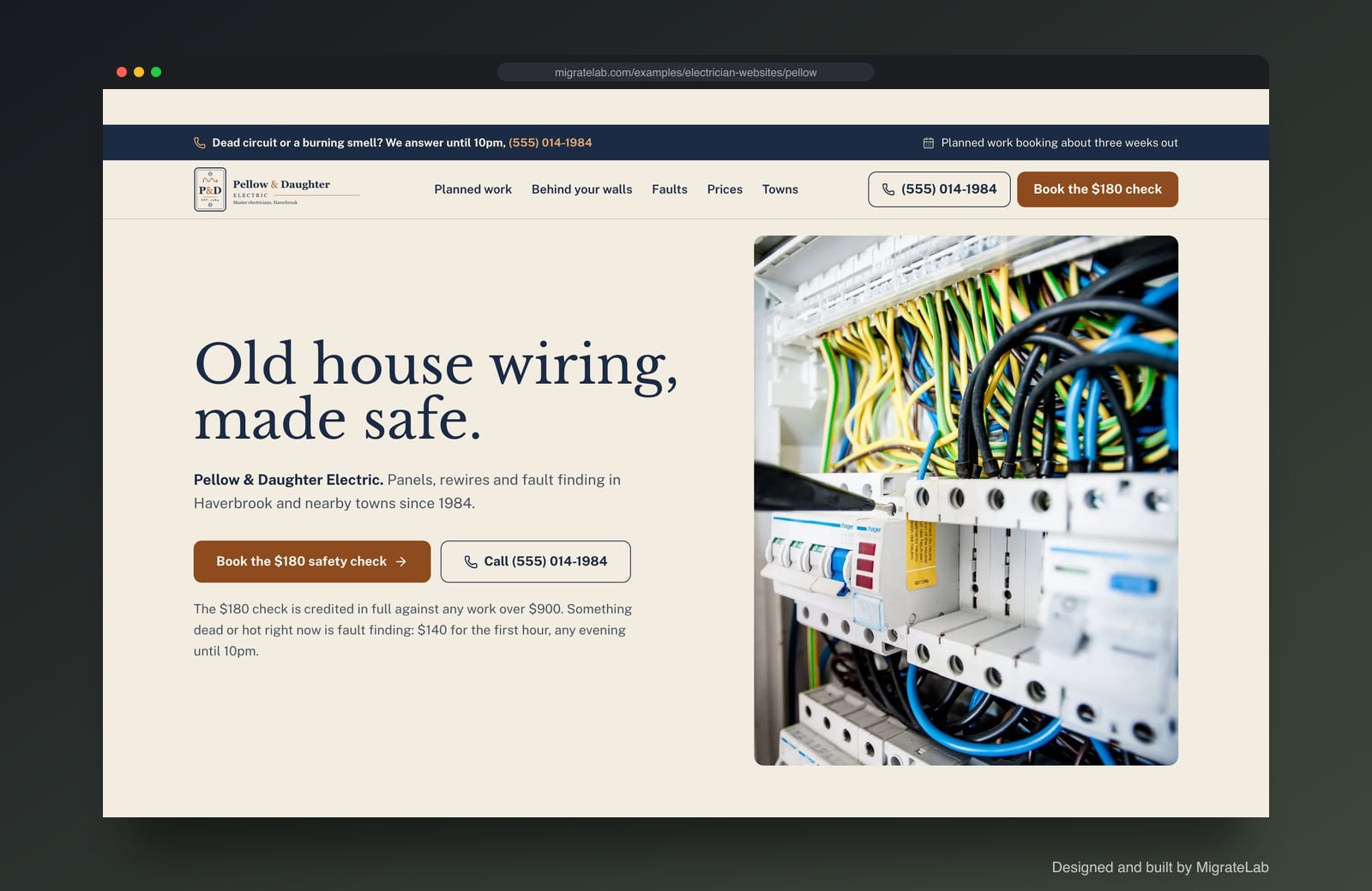 Electrician website example by MigrateLab: Pellow & Daughter Electric, a heritage and trust design shown in a browser