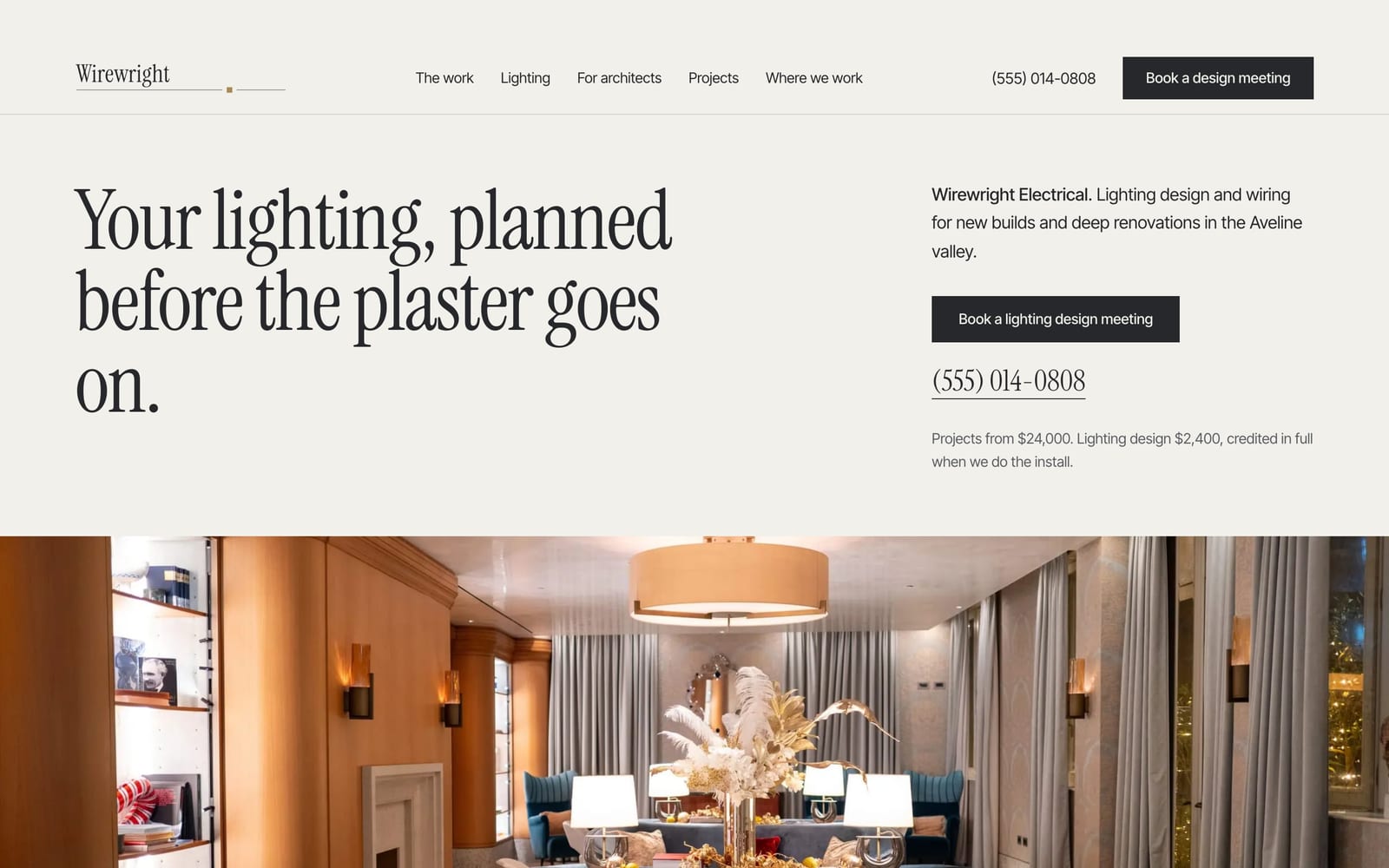 Electrician website design: Wirewright Electrical home page, premium design-led style