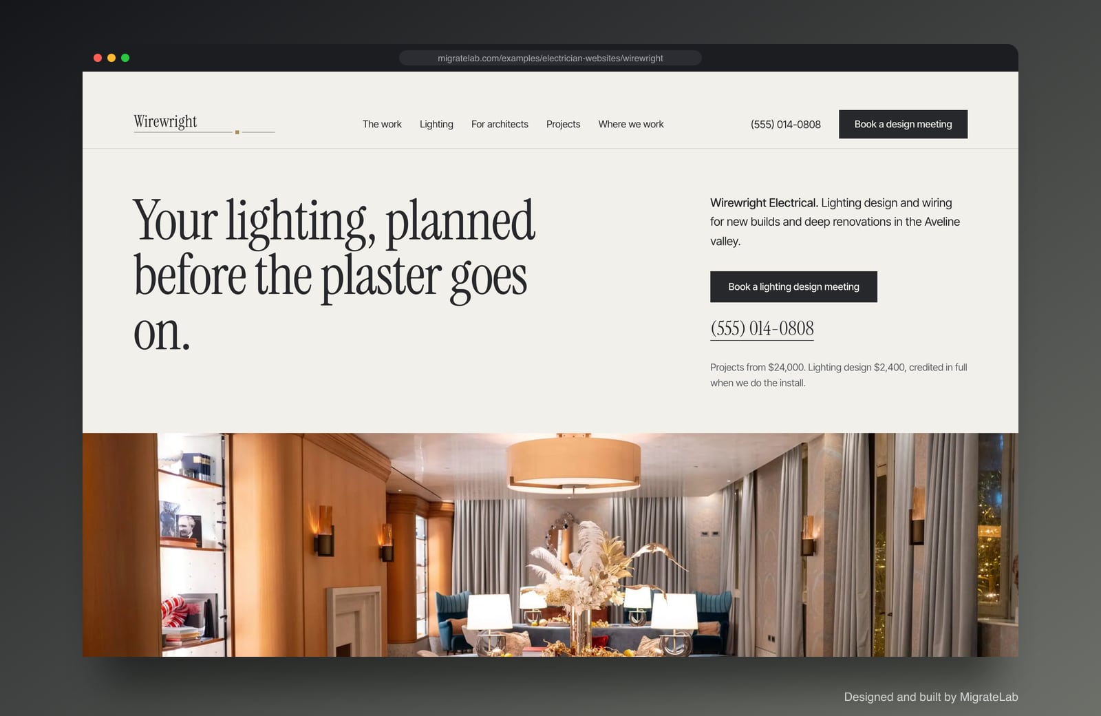 Electrician website example by MigrateLab: Wirewright Electrical, a premium design-led design shown in a browser