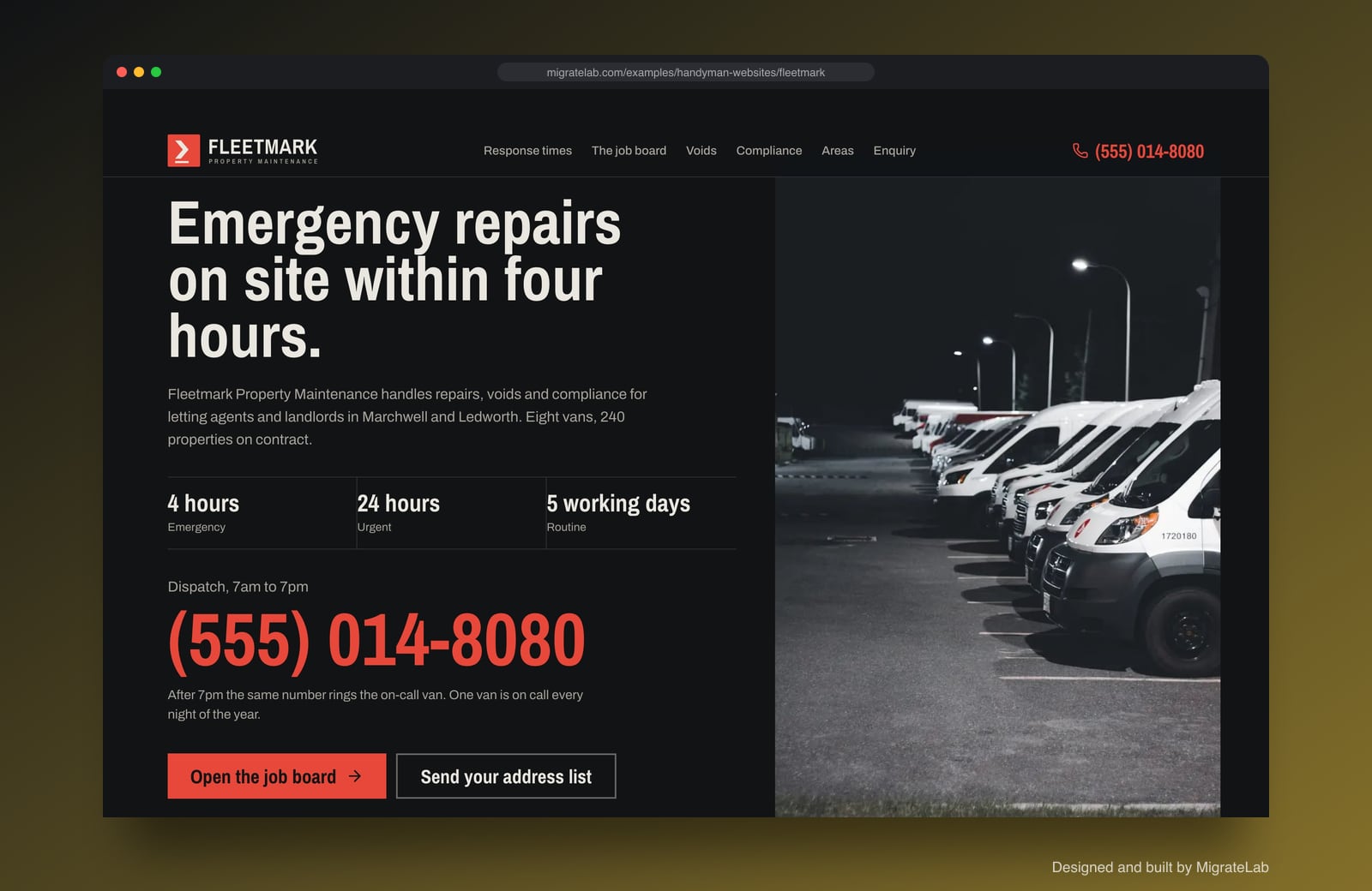 Handyman service website example by MigrateLab: Fleetmark Property Maintenance, a bold and industrial design shown in a browser
