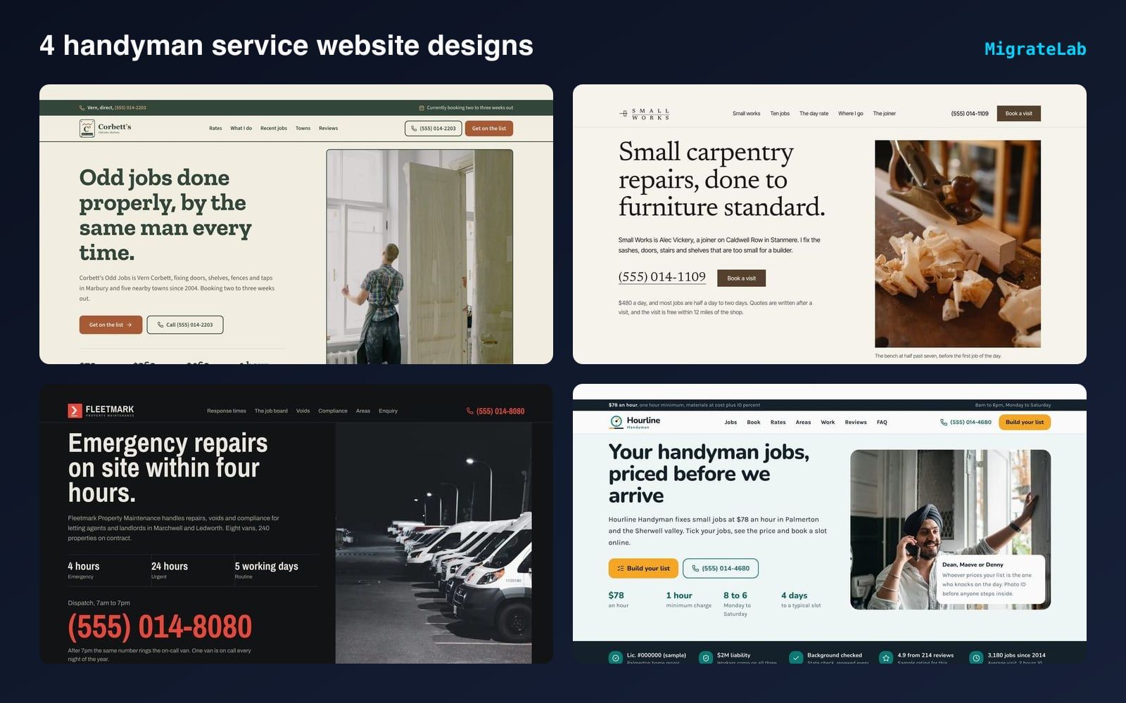 Four handyman service website designs by MigrateLab shown side by side