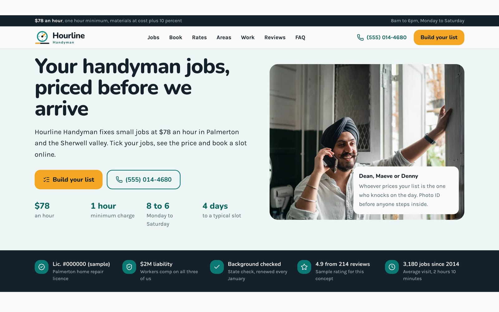 Handyman service website design: Hourline Handyman home page, lead machine style
