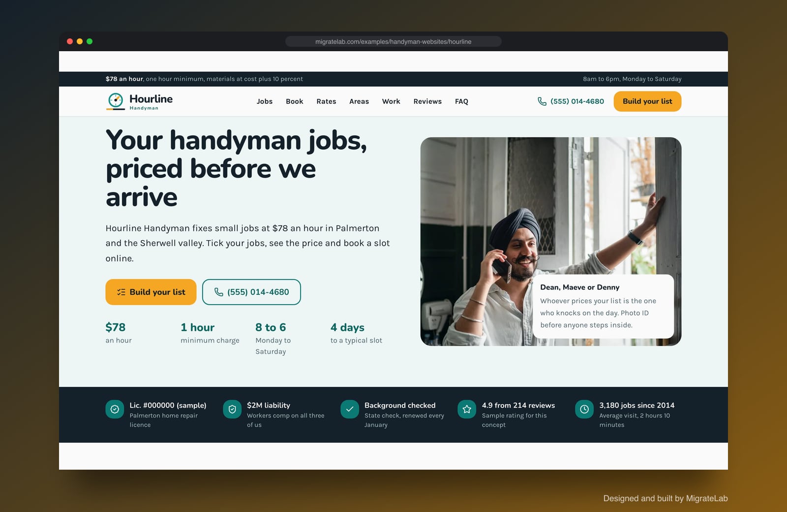 Handyman service website example by MigrateLab: Hourline Handyman, a lead machine design shown in a browser