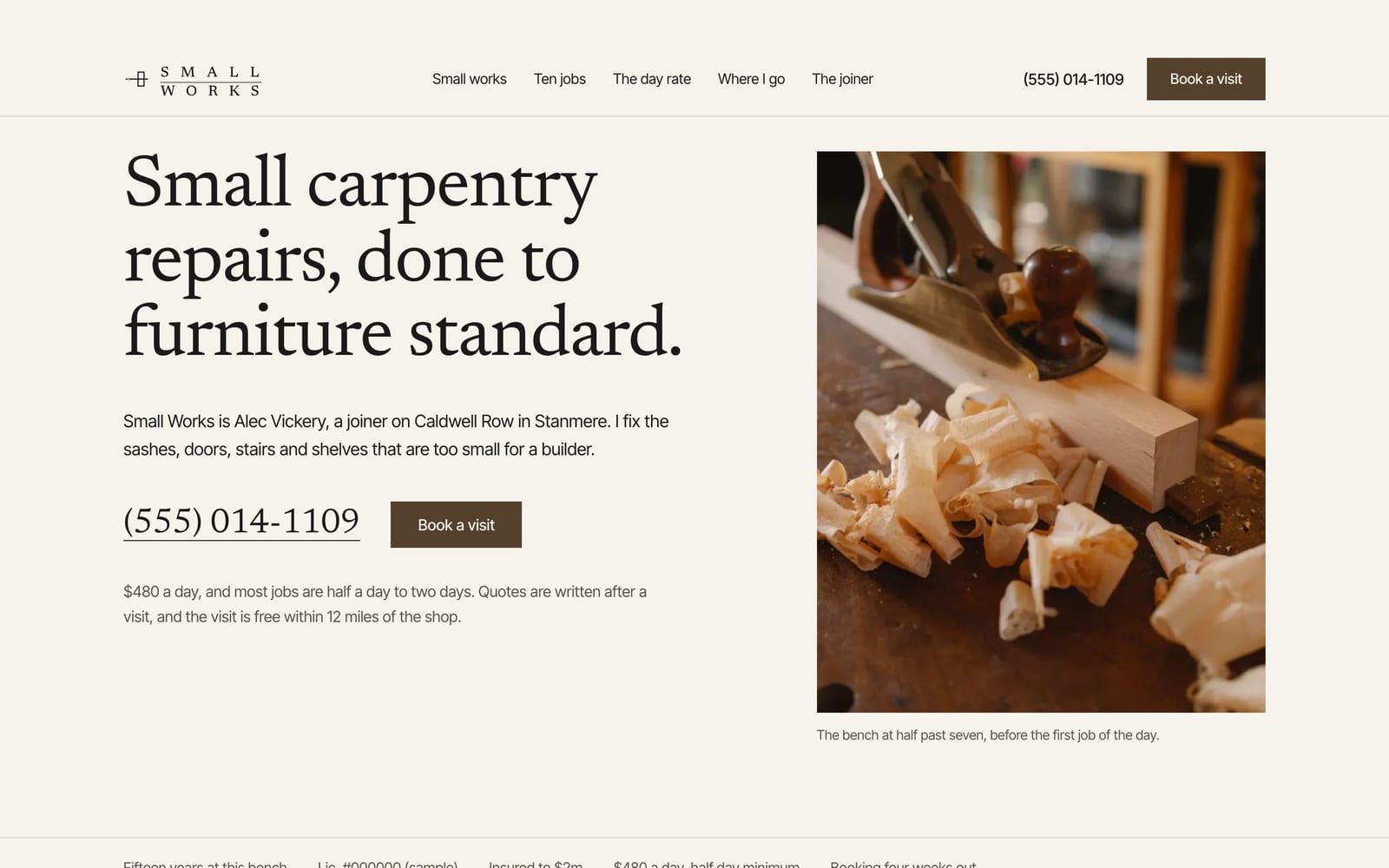 Handyman service website design: Small Works Fine Carpentry & Repairs home page, premium design-led style